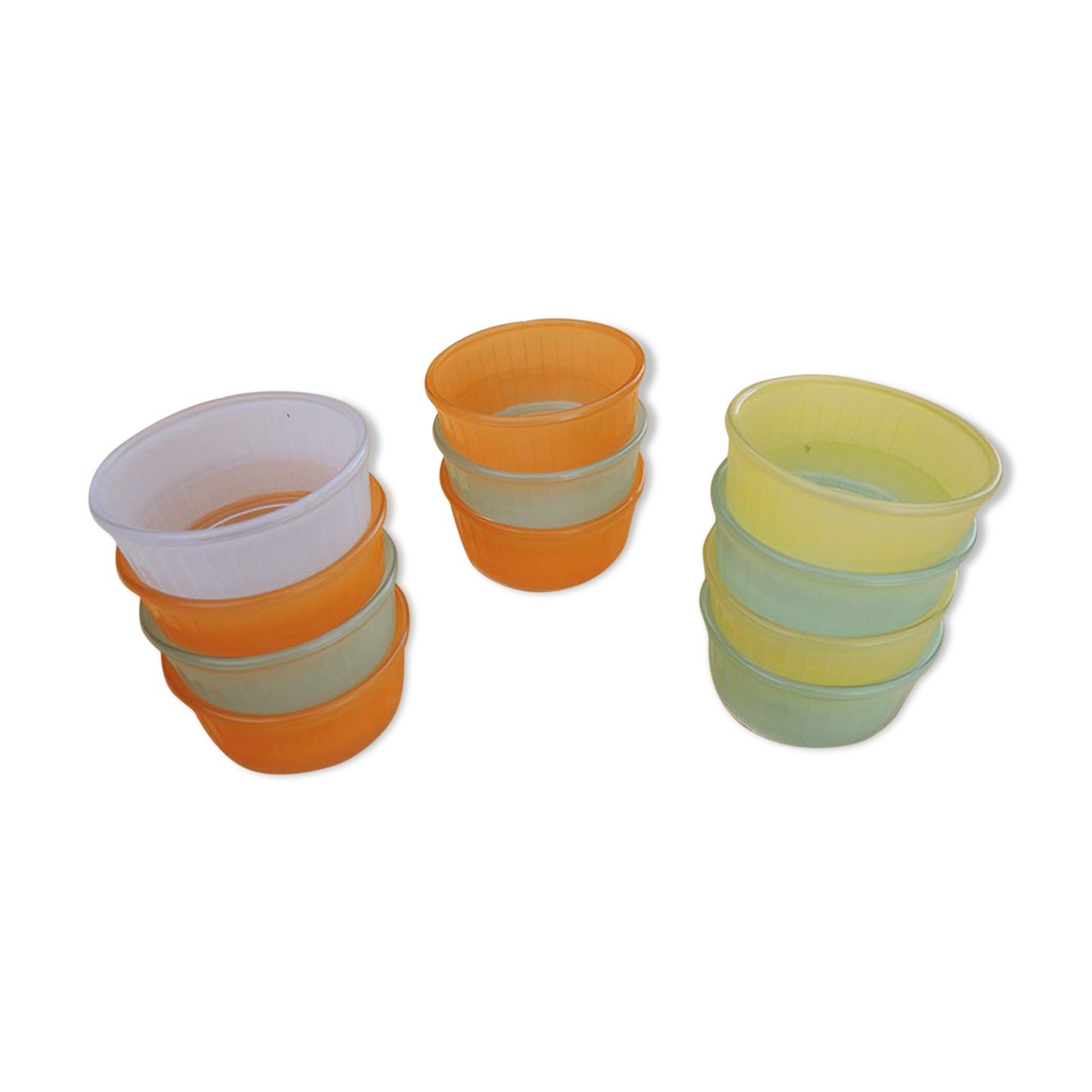 10 ancient colored glass ramequins Duralex for calvé oil