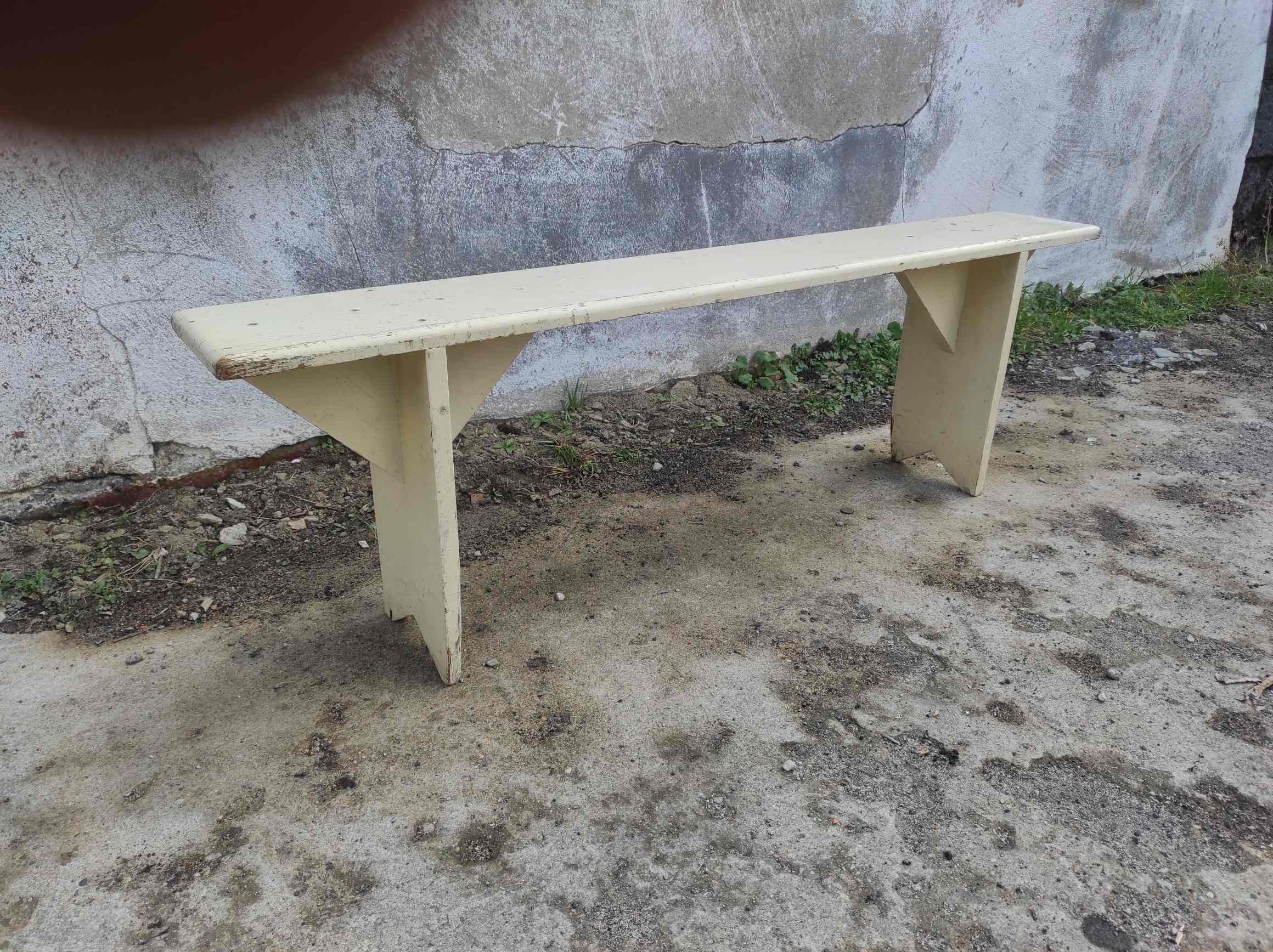 Old wooden farm bench vintage white fir industrial cloakroom