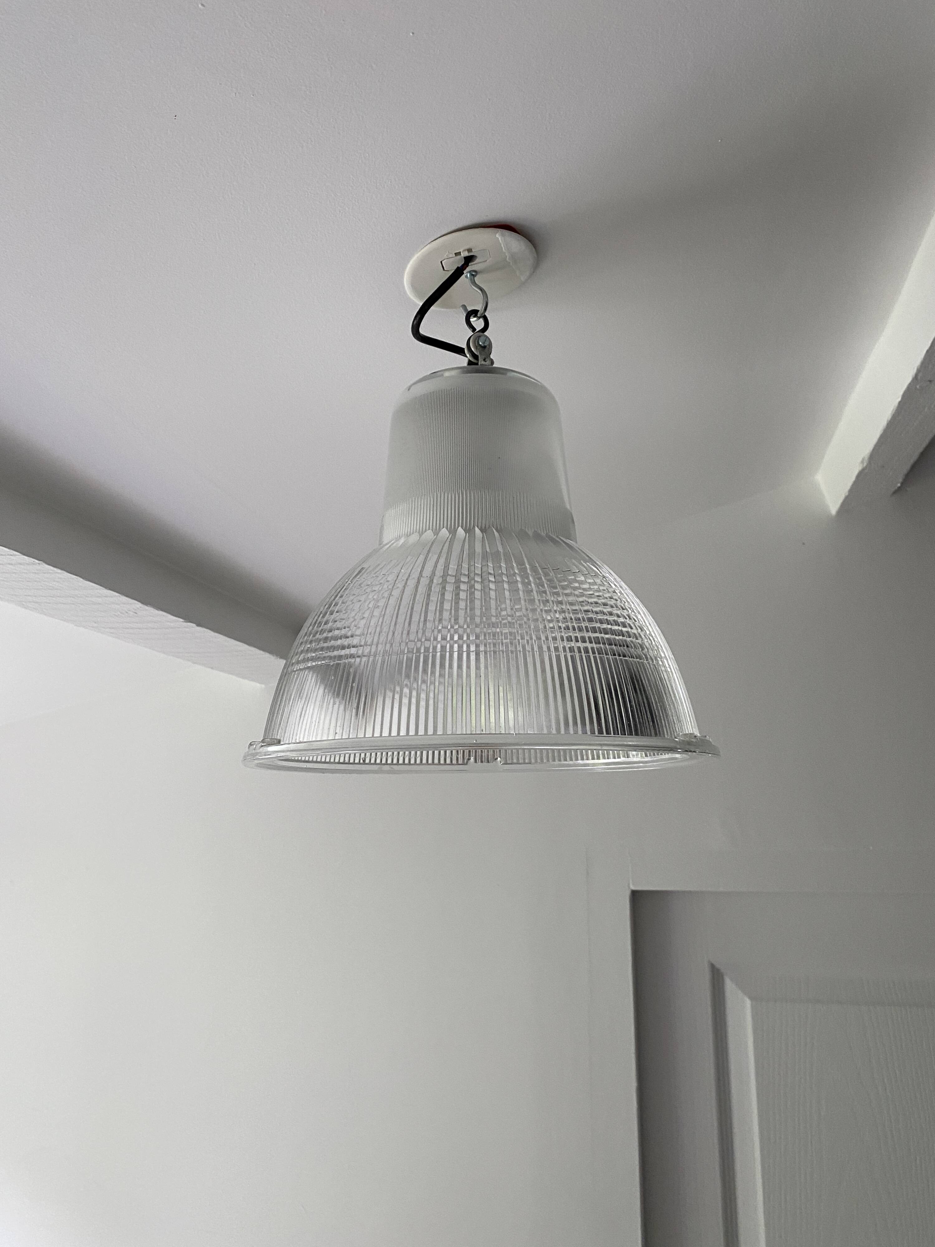 Vintage Holophane Suspension Chandelier from the 50s/60s, industrial style, transparent striated glass