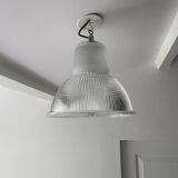 Vintage Holophane Suspension Chandelier from the 50s/60s, industrial style, transparent striated glass