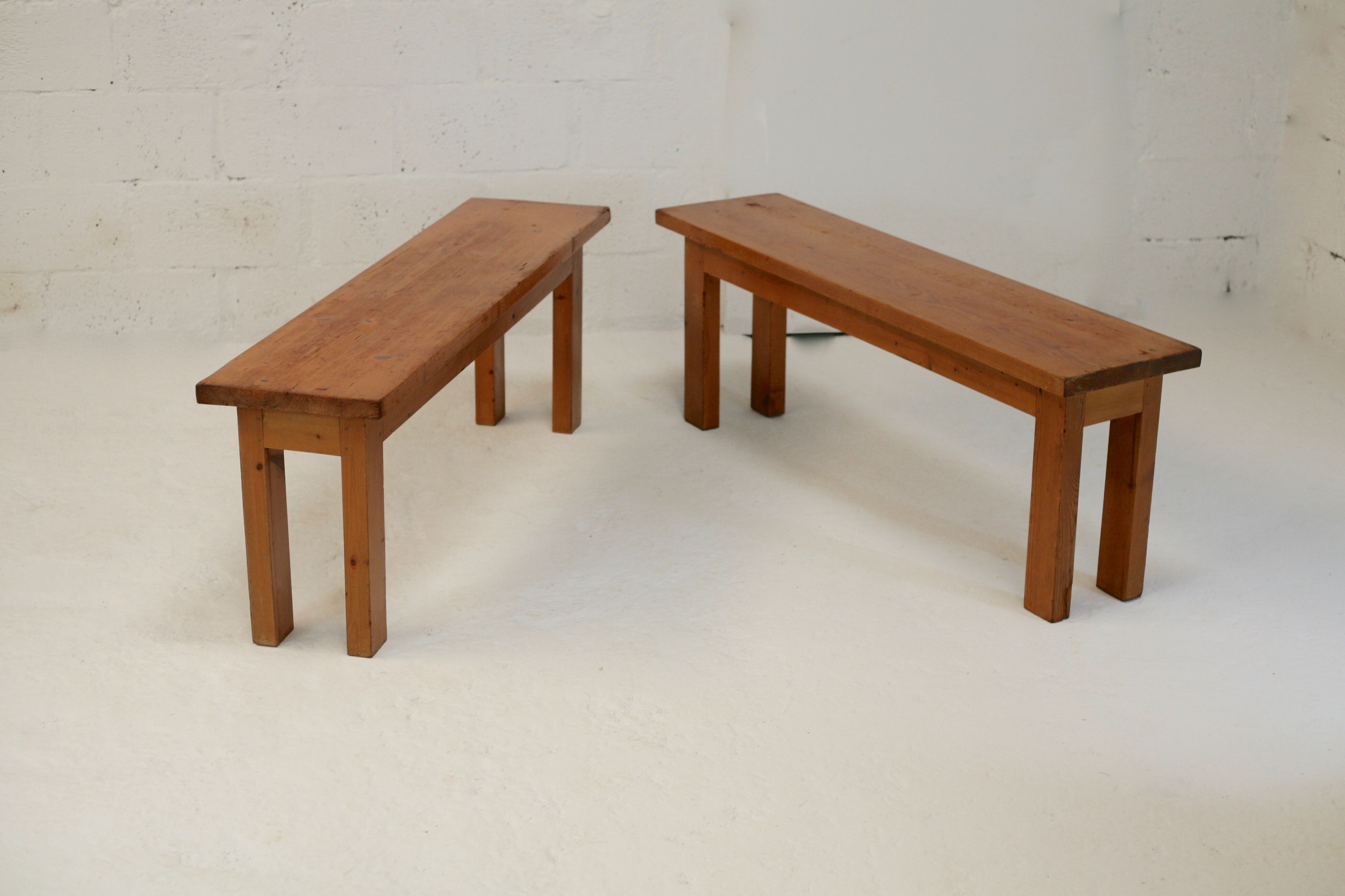 Pair of brutalist benches. Wood. France. Circa 1960.