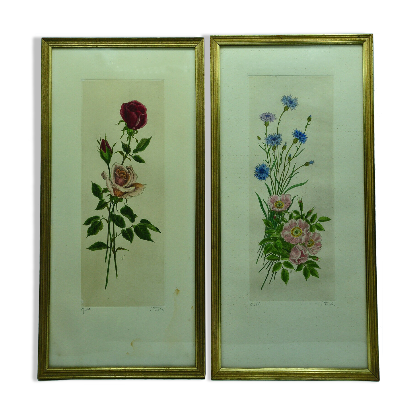 Paire d'anciennes lithographies de gravures florales signées à identifier