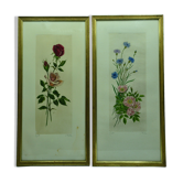 Pair of ancient lithographs of signed floral engravings to be identified