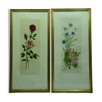 Pair of ancient lithographs of signed floral engravings to be identified