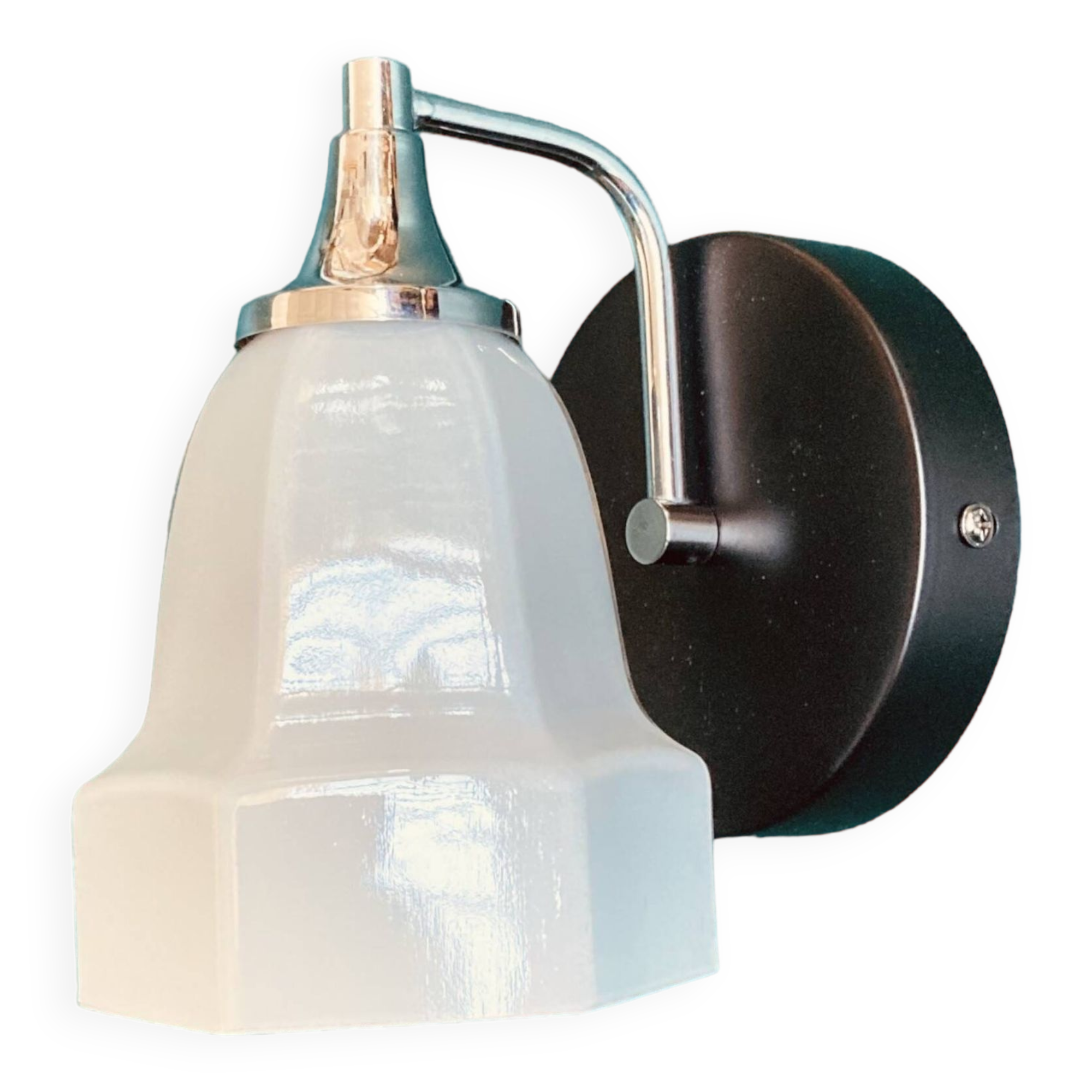 Small vintage chrome metal wall light and faceted white opaline glass tulip