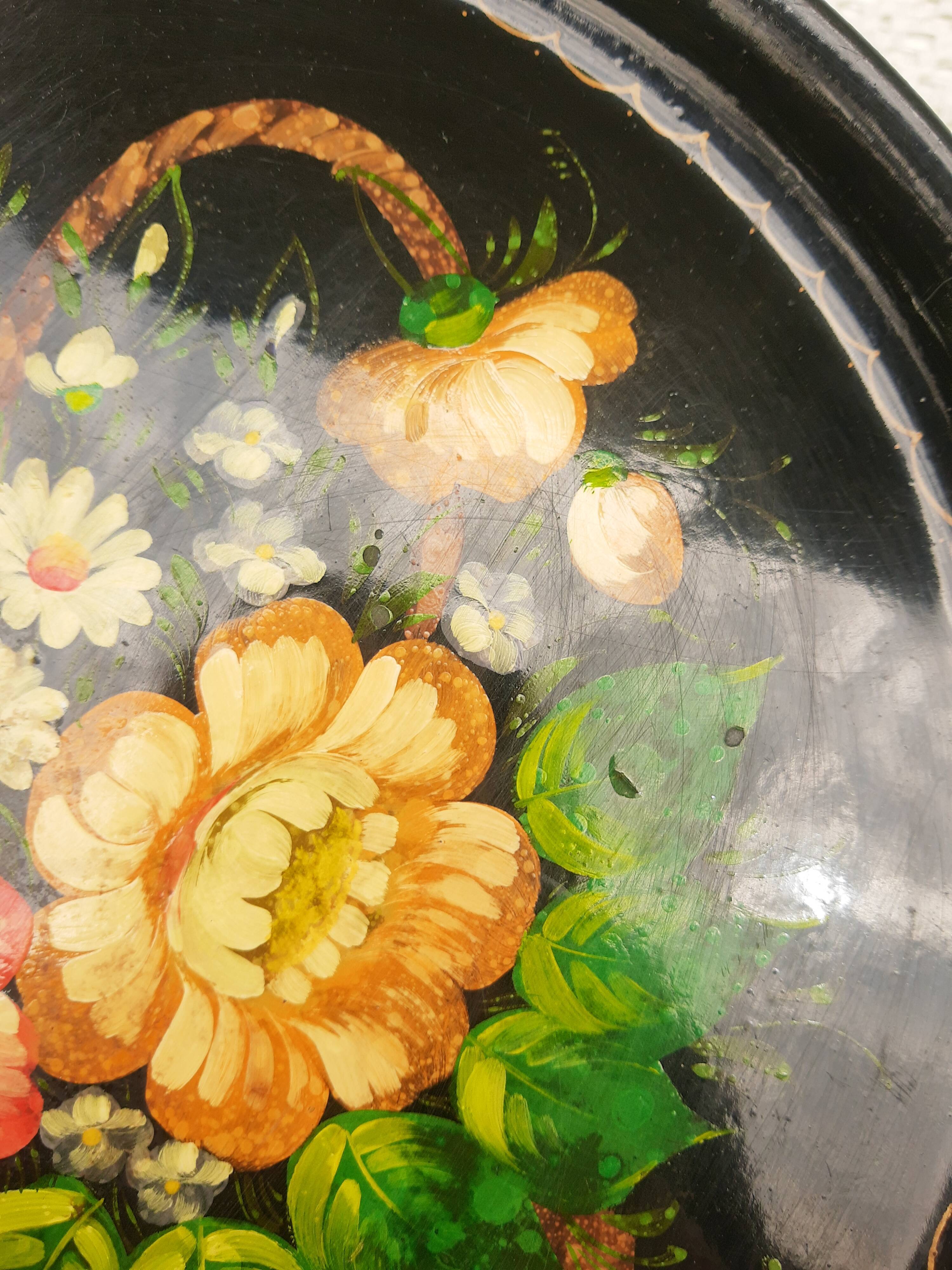 Black metal round top and vintage hand-painted flowers