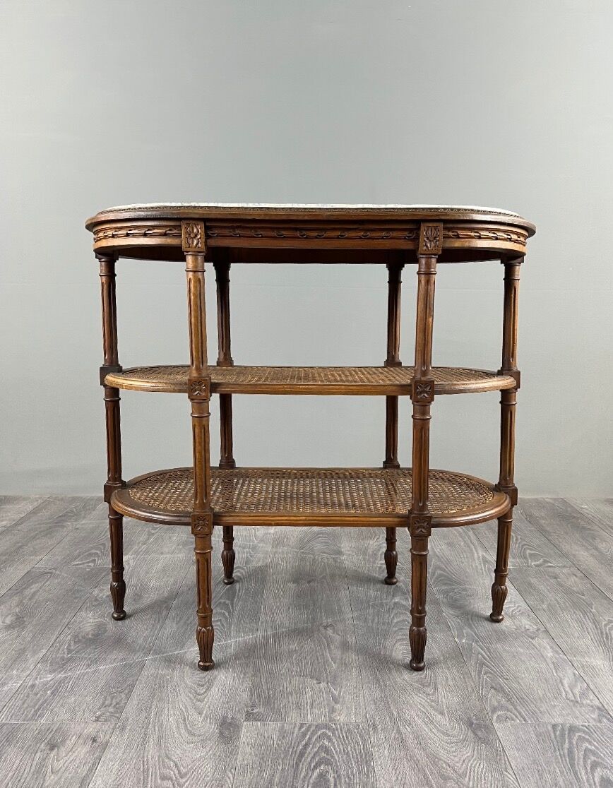 Table desserte de style Louis XVI en bois sculpté, marbre et cannage, XIXe Siècle