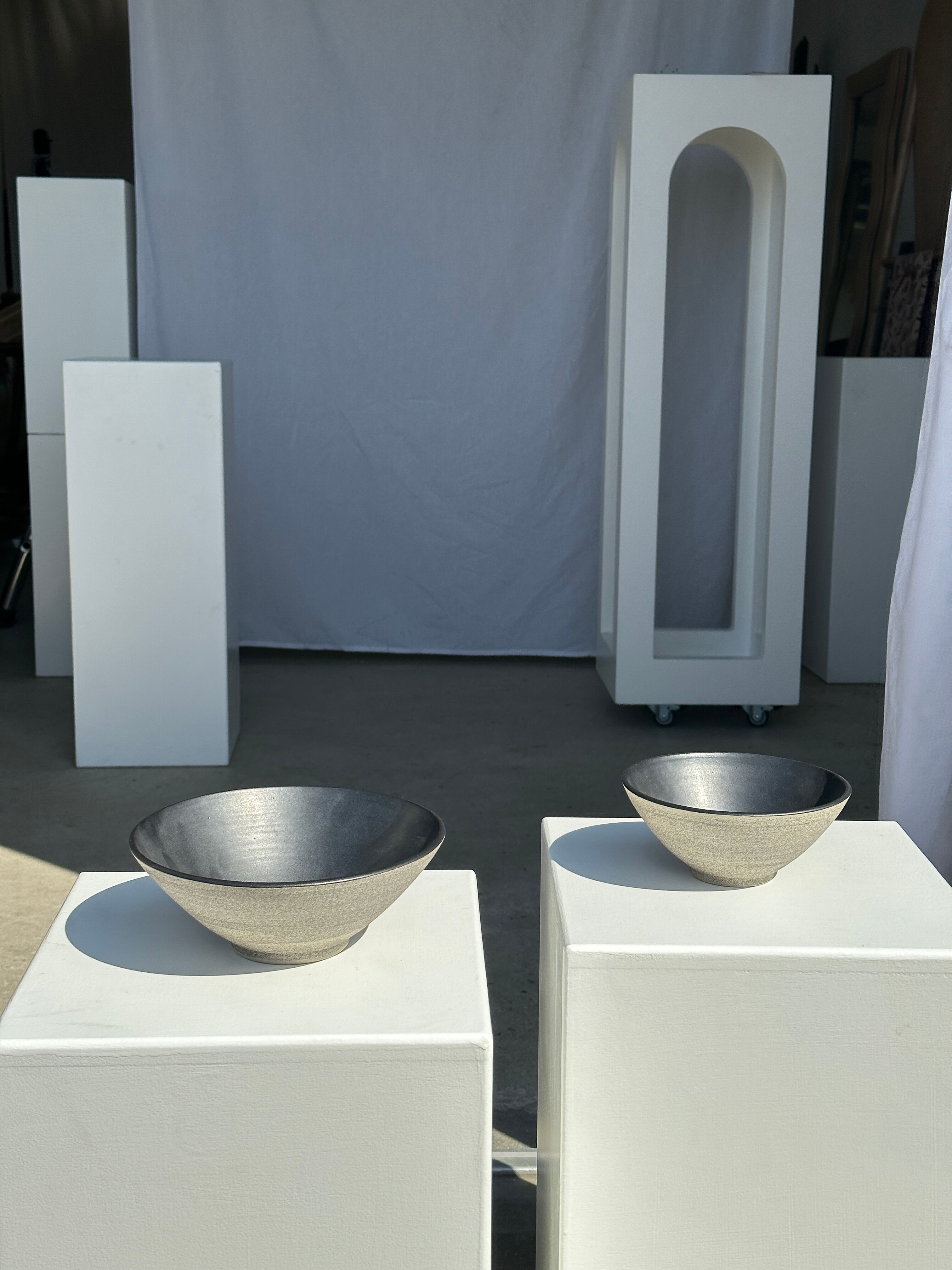 Duo of gray Indonesian ceramic bowls or salad bowls
