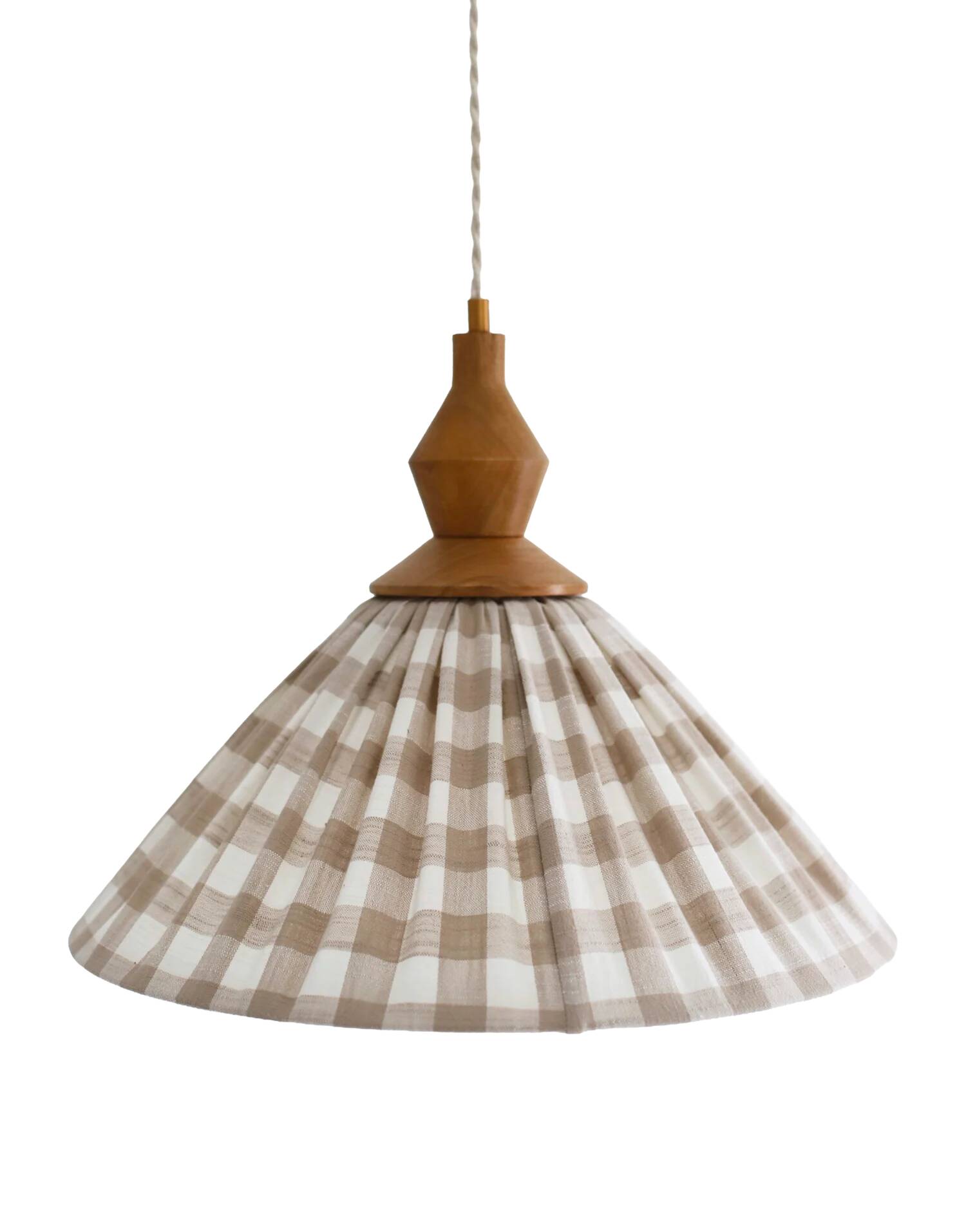 "Olga" pleated pendant light in beige checked fabric and turned wood finish