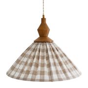 "Olga" pleated pendant light in beige checked fabric and turned wood finish