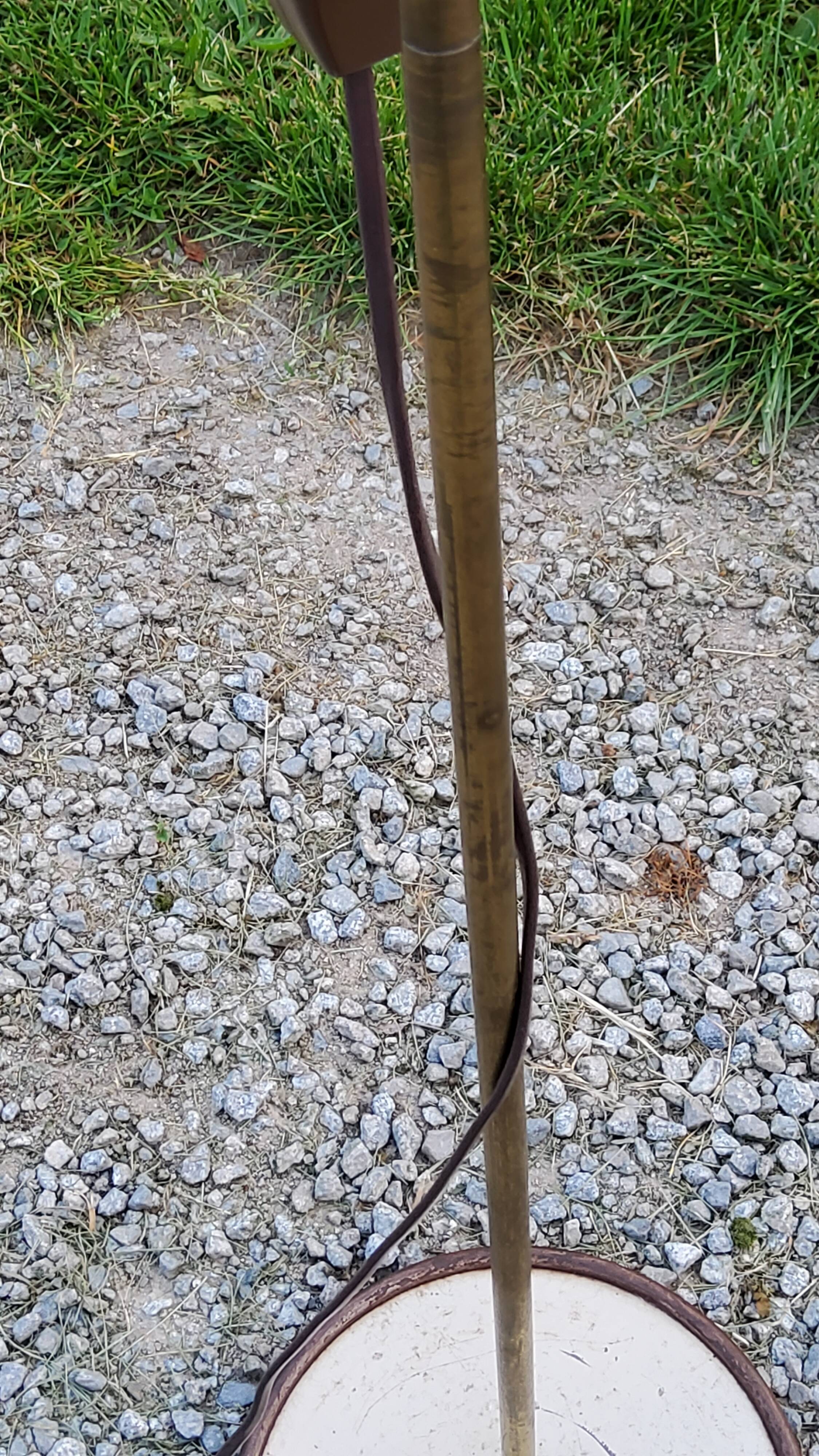 Floor lamp of the 70s in gilded brass lacquered beige metal and brown plastic 2 spots