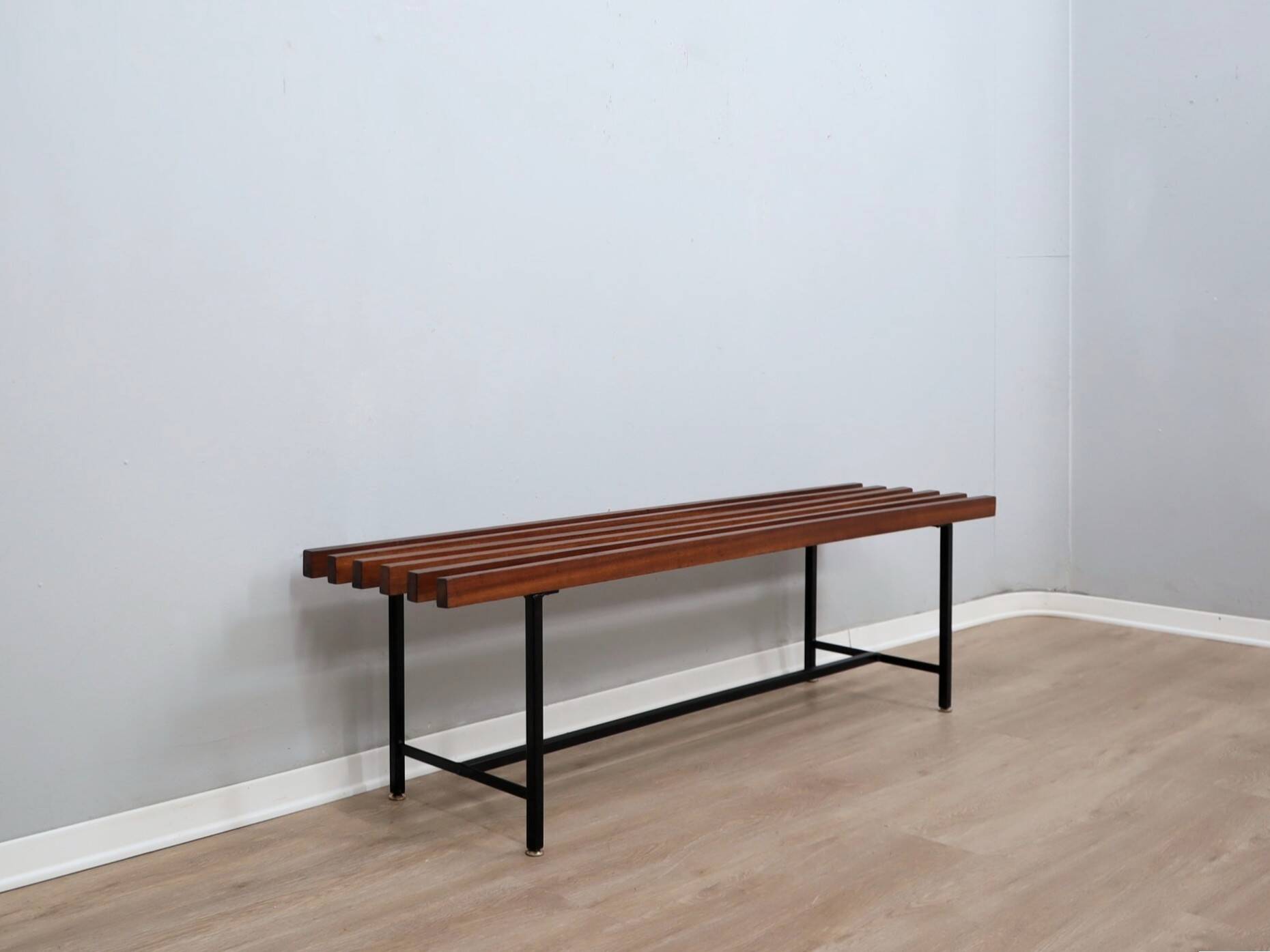 Mid-Century slatted teak bench with iron frame Italy 1950s