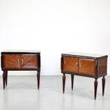 Set Of 2 Italian Midcentury Walnut Burl And Brass Bedside Tables / Cabinets