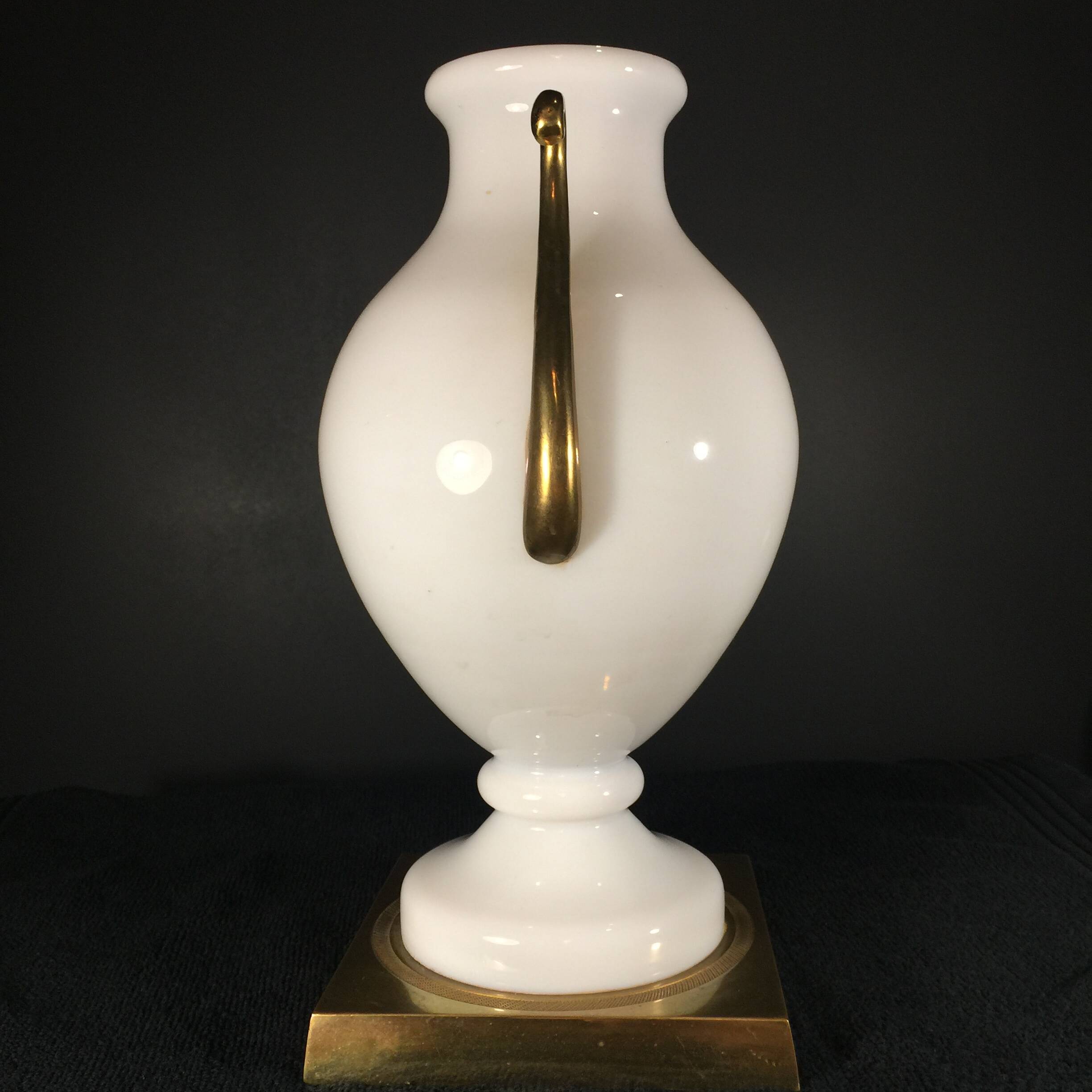 Venini Primavera in Murano, white opaline glass with gilded handles, bronze base.