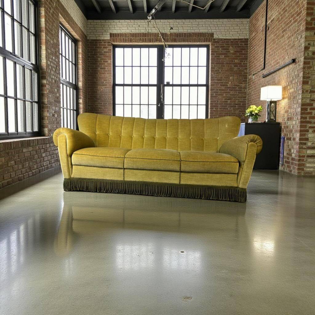 Vintage yellow-green fringed three-seater sofa
