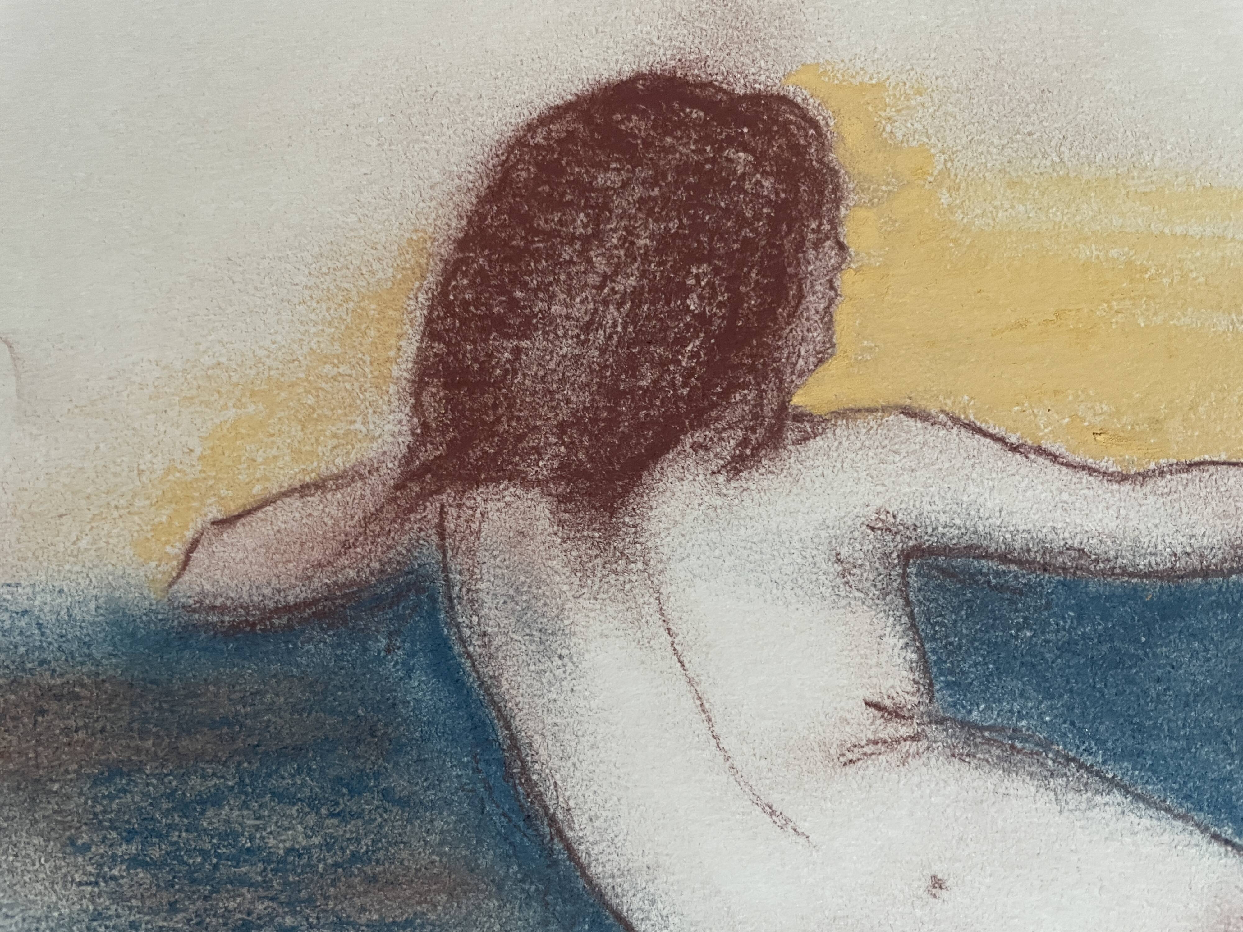 Signed sanguine pastel portrait "the blue sofa"