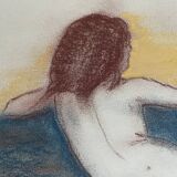 Tableau signé sanguine pastel portait féminin « le divan bleu »