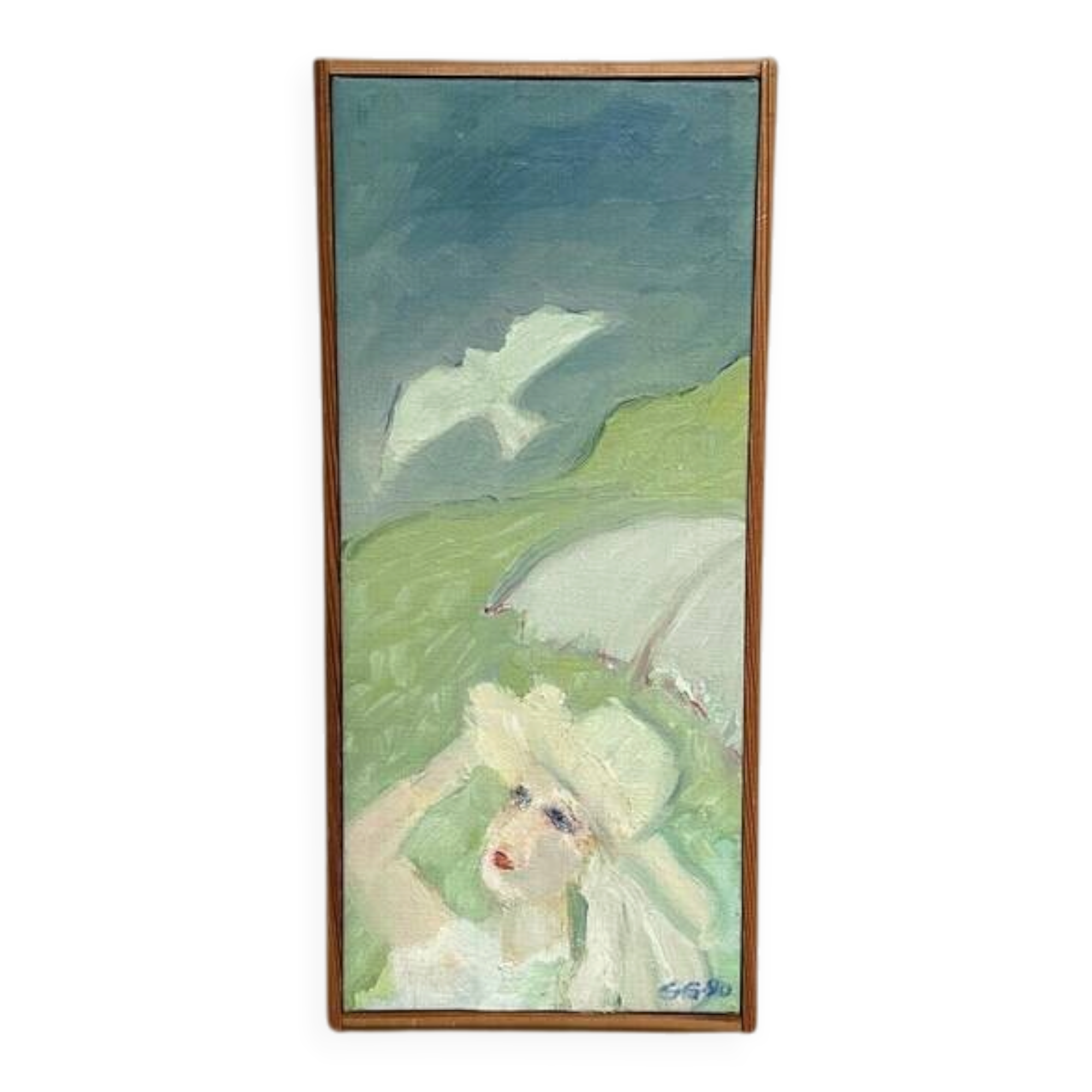 Original Swedish Oil on Canvas – "Woman with Dove" by G.G., 1990 – vintage and framed – 35.5 × 16 cm (13.9" × 6.2")