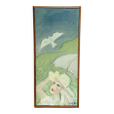 Original Swedish Oil on Canvas – "Woman with Dove" by G.G., 1990 – vintage and framed – 35.5 × 16 cm (13.9" × 6.2")
