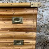 Three-drawer rattan chest of drawers with pretty brass details - 1950 - in the style of Louis Sognot