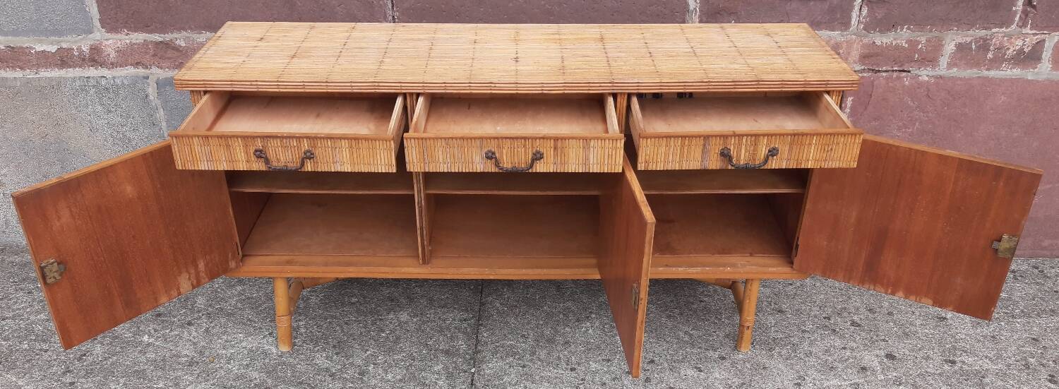 Console table in rattan and bamboo, (Attributed to Audoux-Minet)