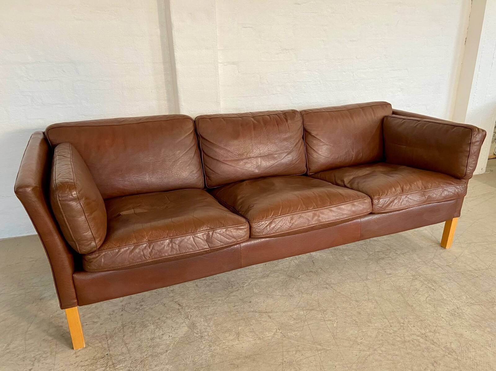 Danish mid-century vintage Mogens Hansen cognac brown leather sofa 60s