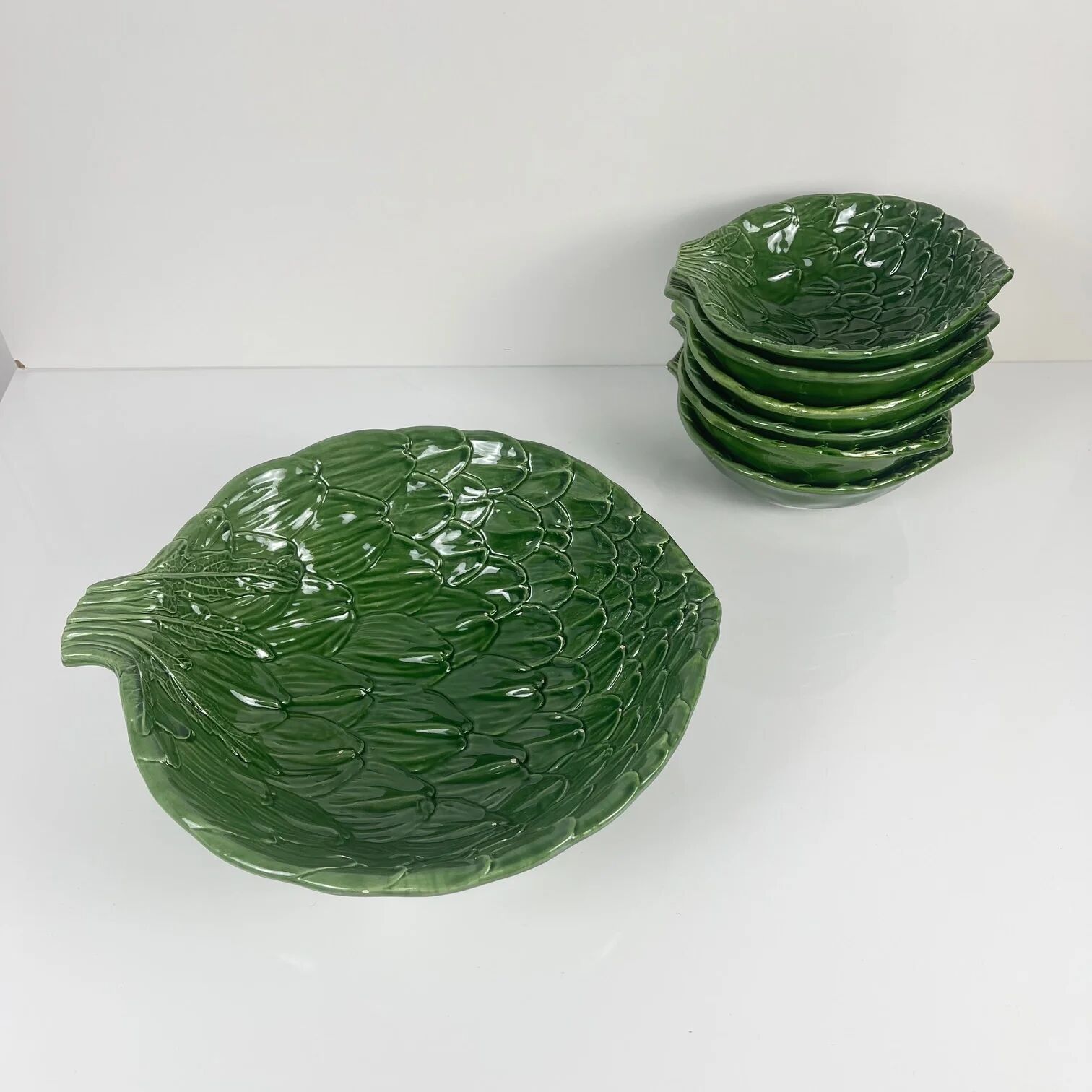 Salad service green leaf artichoke vintage salad bowl + 6 bowls 70s
