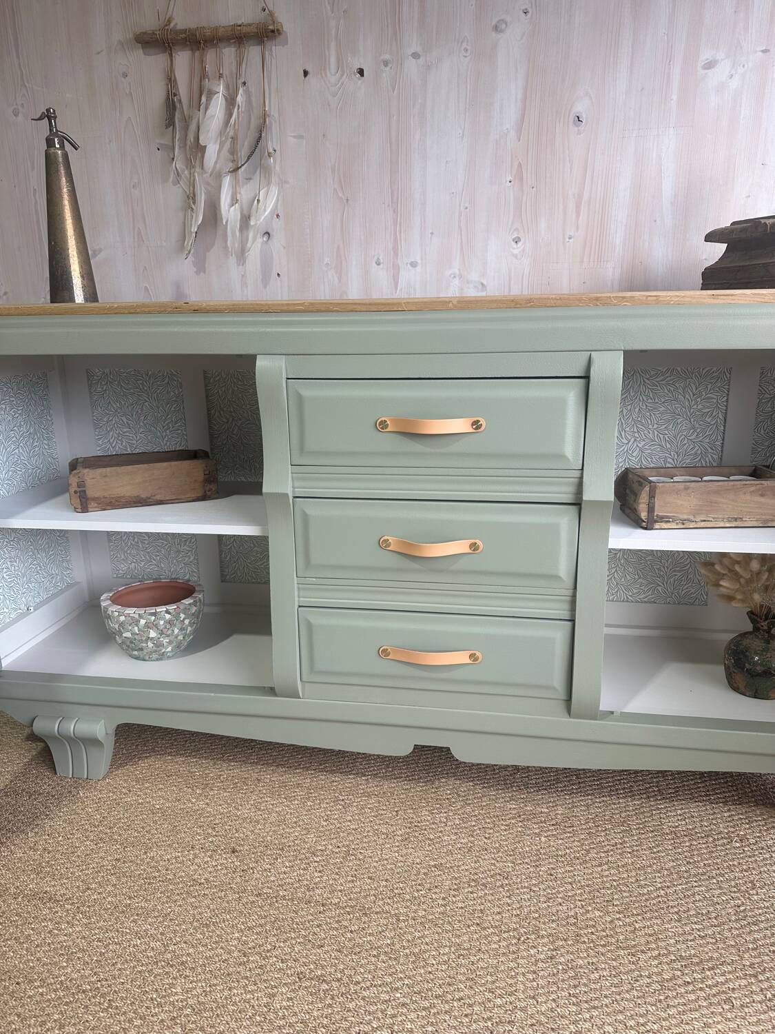 Renovated antique sideboard - blue-green, cane work and oak top