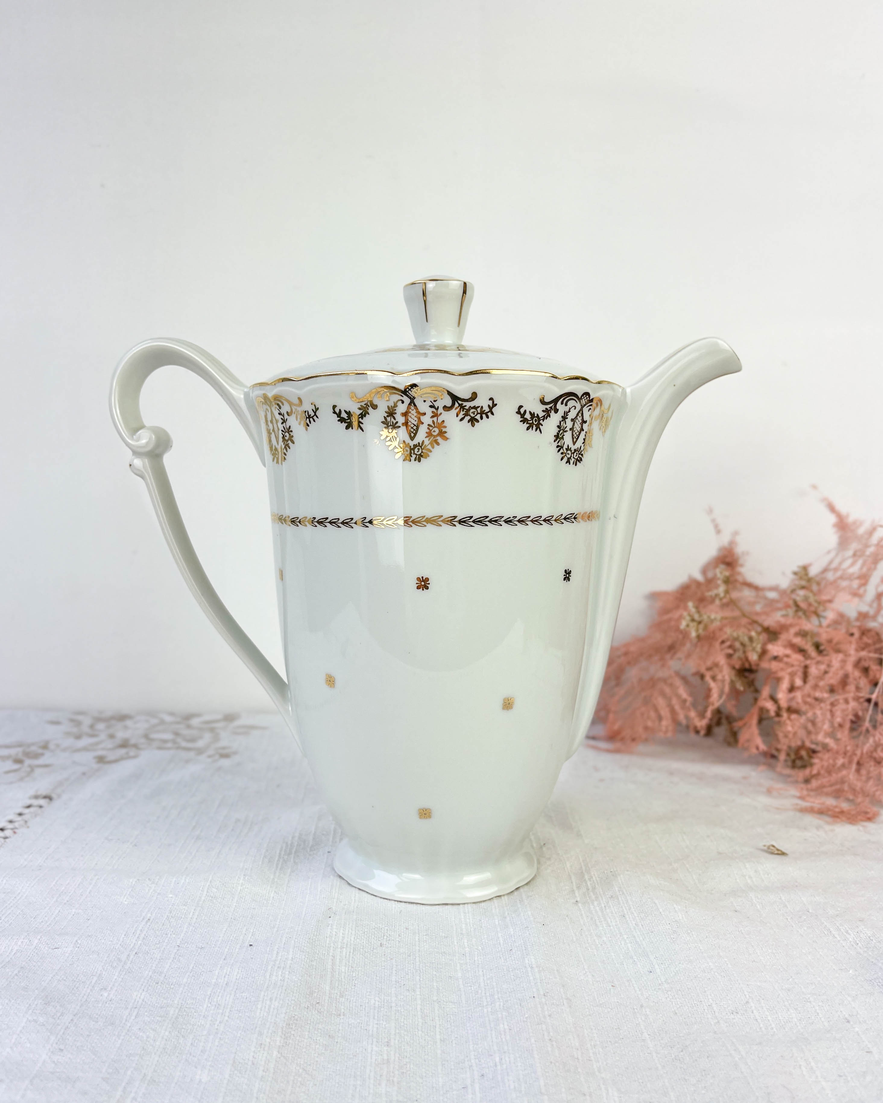 Vintage tea set in golden white porcelain CHAUVIGNY LIMOGES
