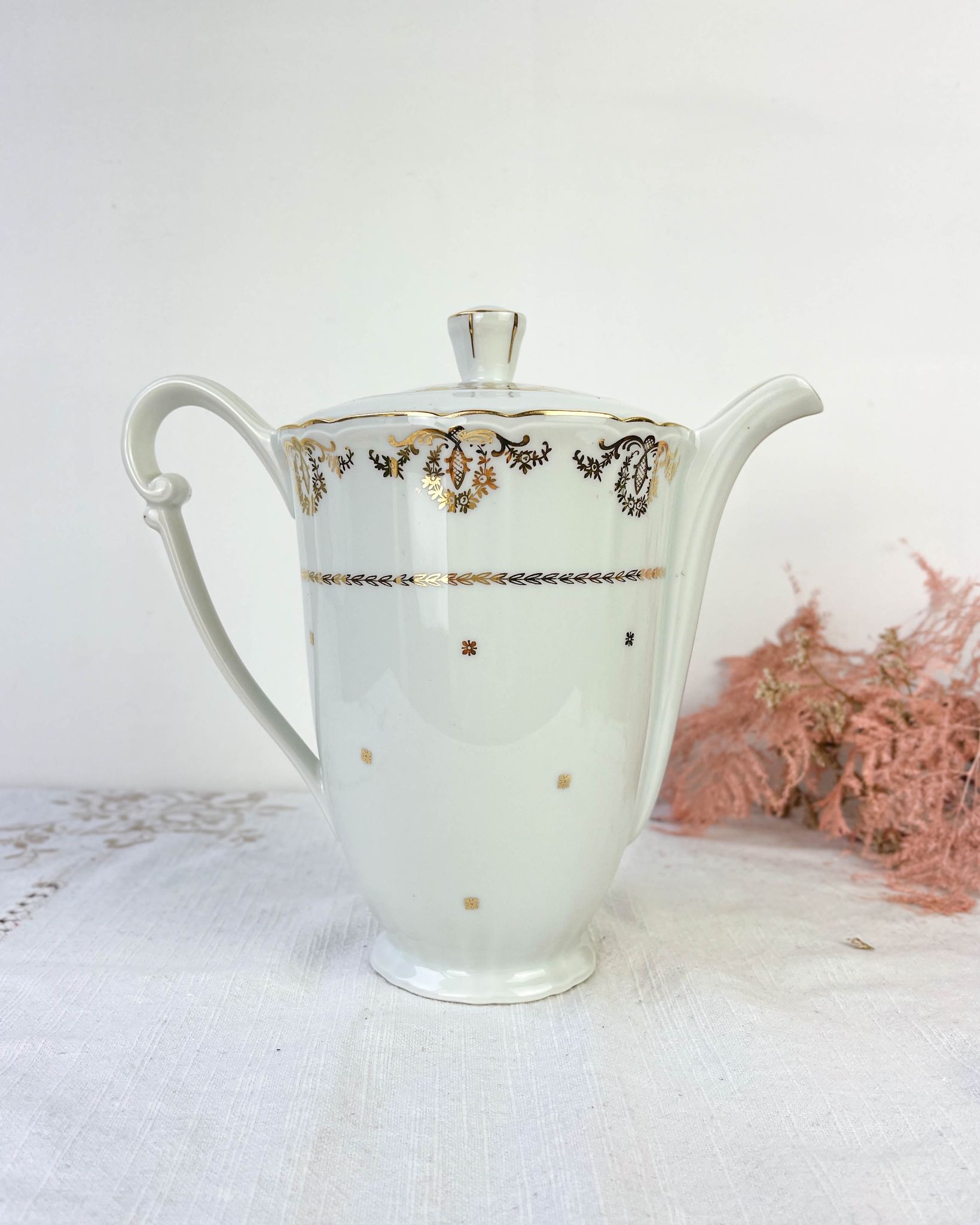 Vintage tea set in golden white porcelain CHAUVIGNY LIMOGES