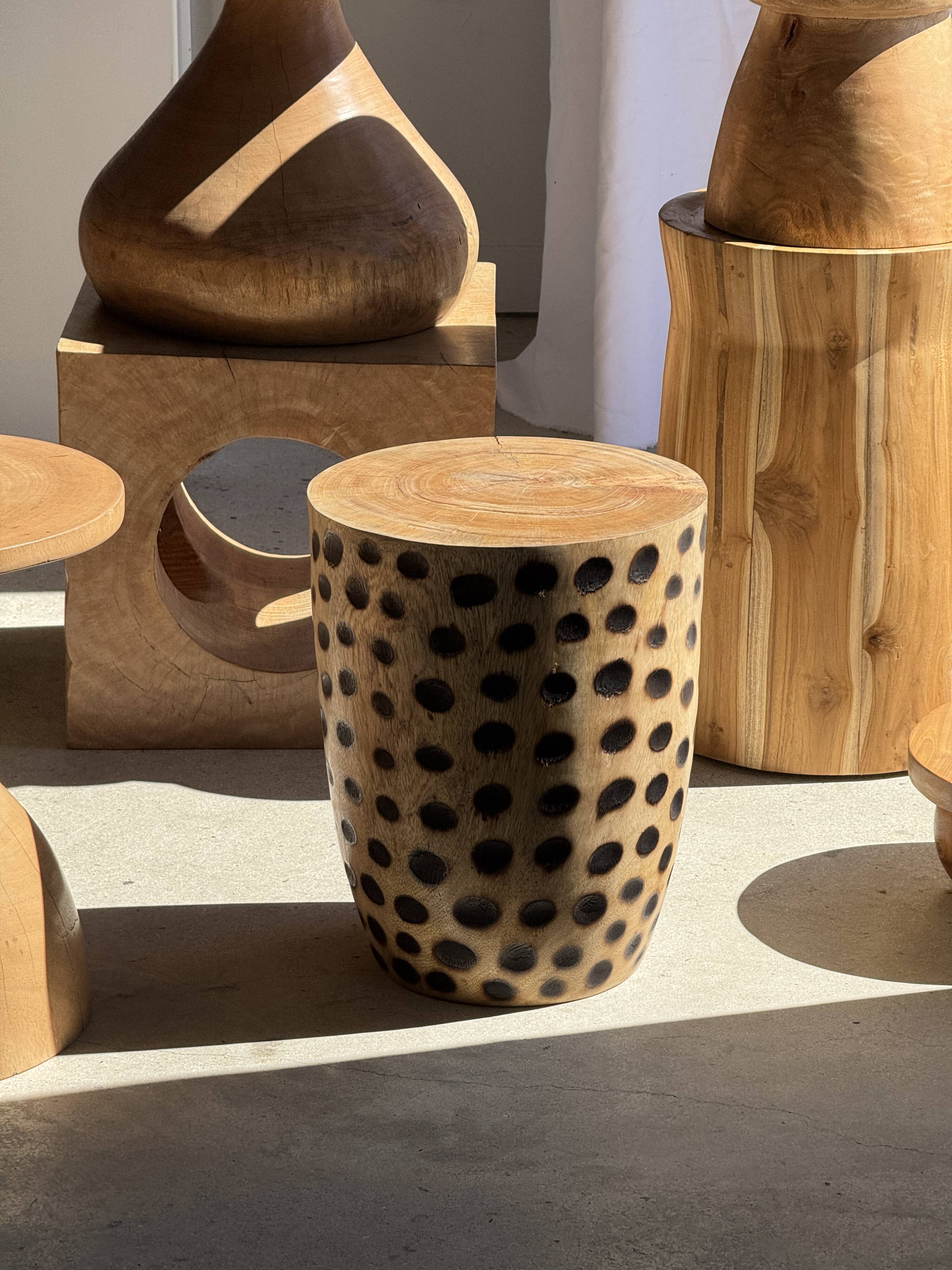 Stool, side table, cylindrical solid mango wood end table.