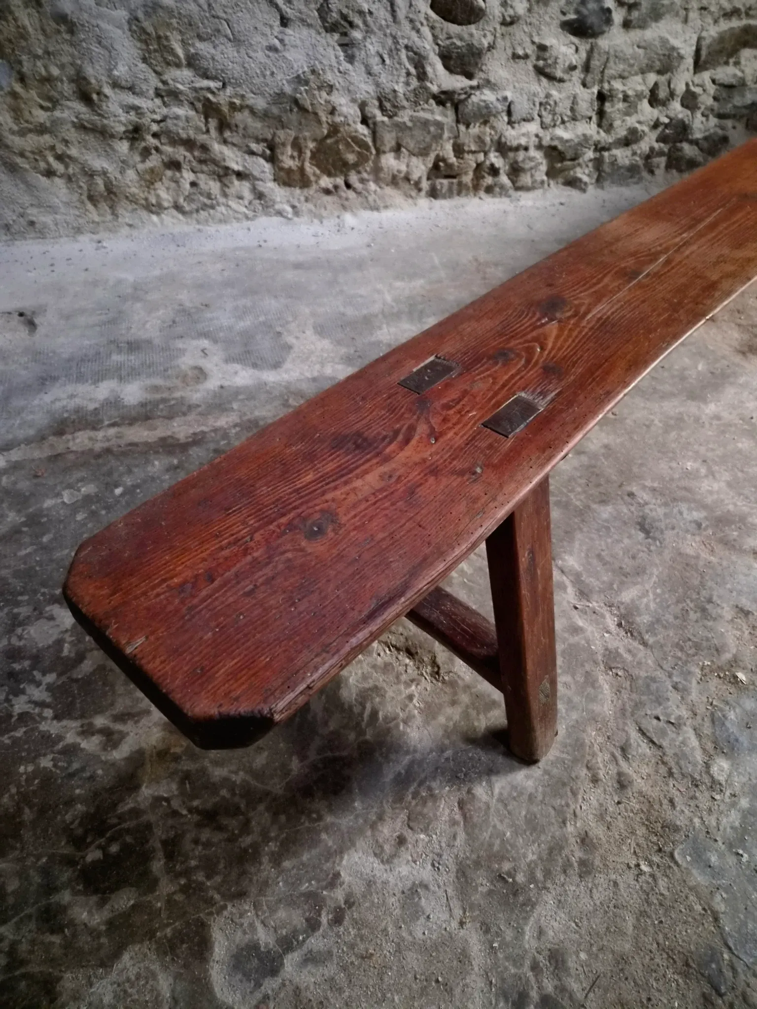 Antique farmhouse bench, 266 cm – oak and pine, 19th century, France