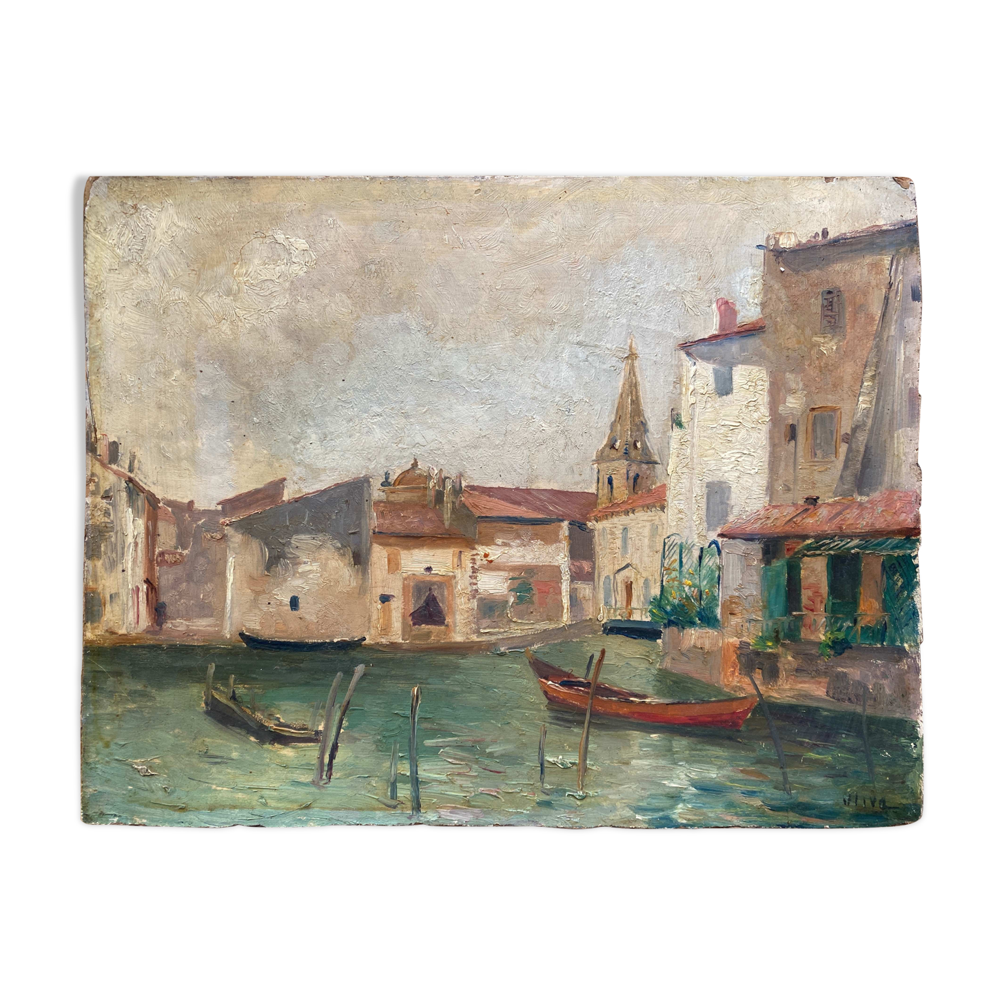 Old painting seen from Martigues dating from 1886, HSC signed