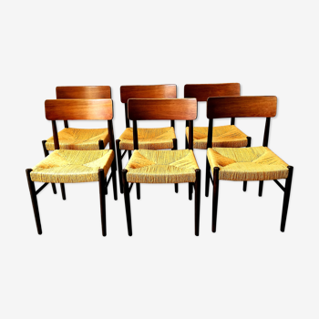 Set de 6 chaises scandinaves en palissandre et pailles