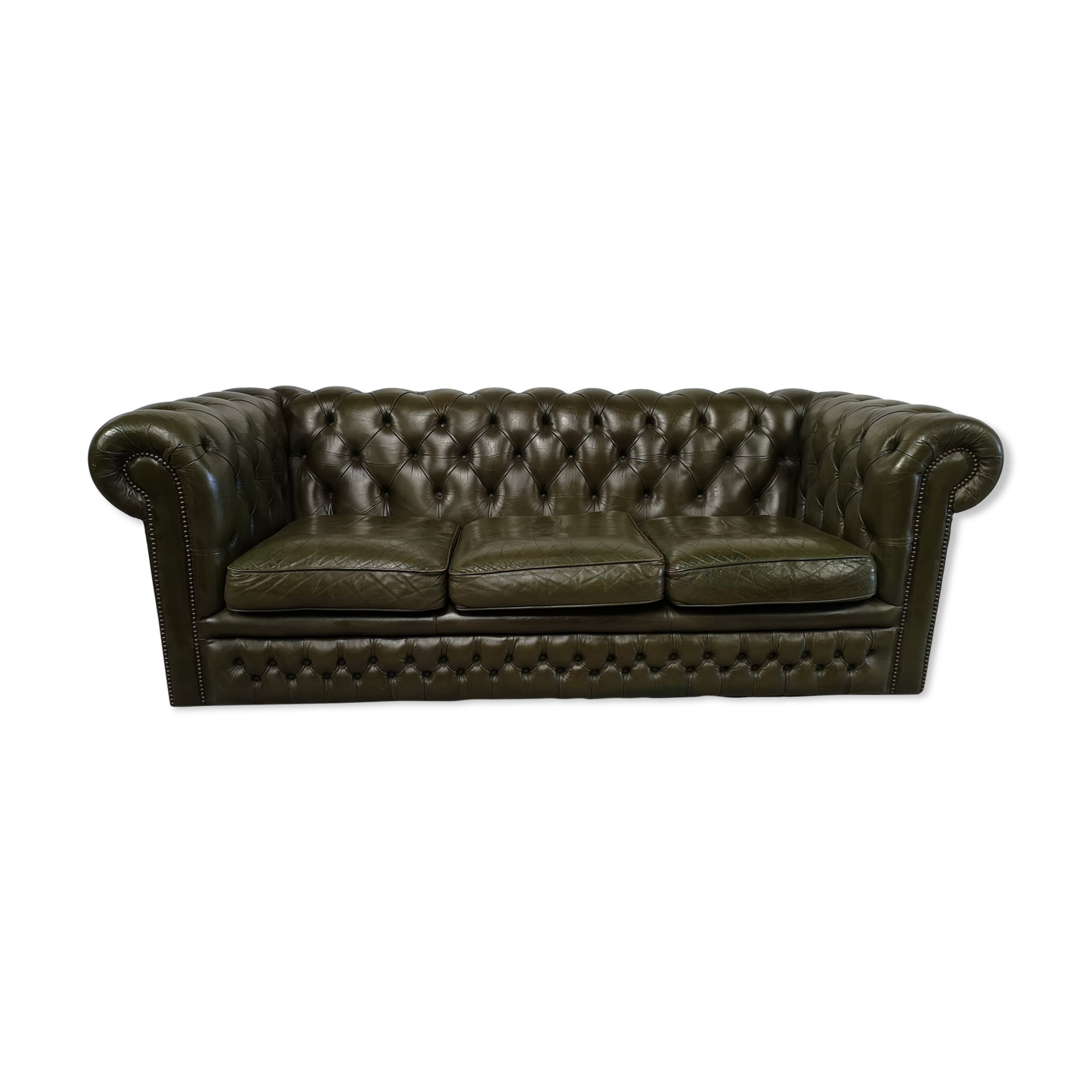 Three-seater green leather Chesterfield sofa