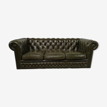 Three-seater green leather Chesterfield sofa