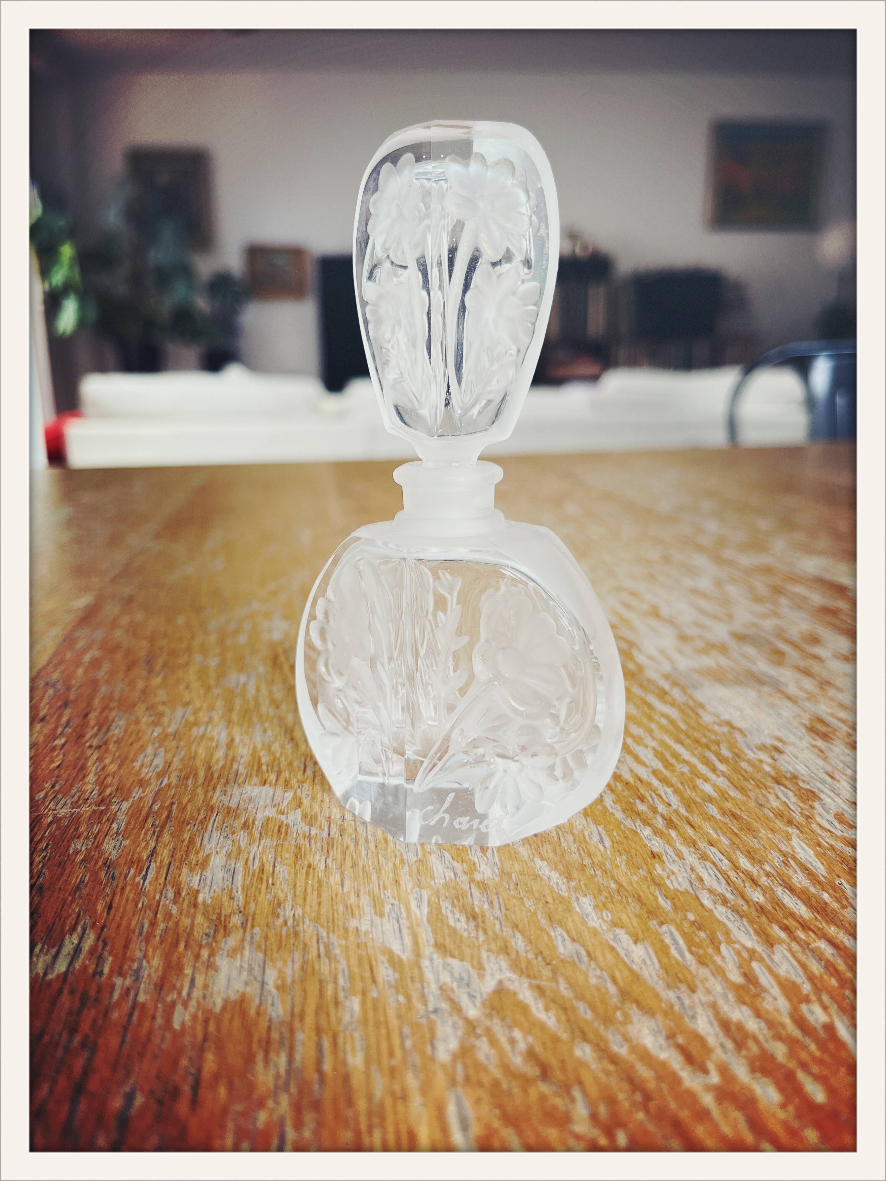 Pair of antique frosted crystal perfume bottles – Signed Charet