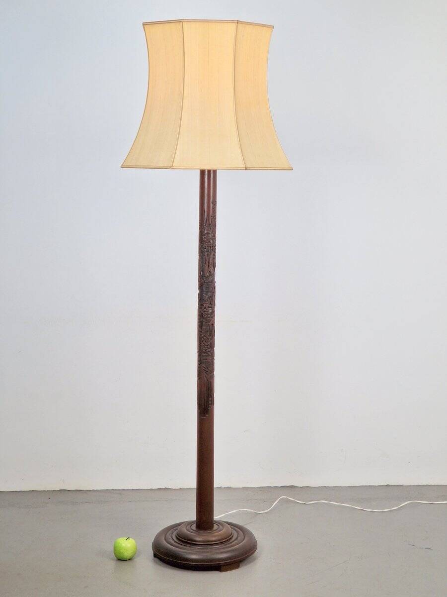 Art Deco Asian Style Carved Wood Floor Lamp, 1930s