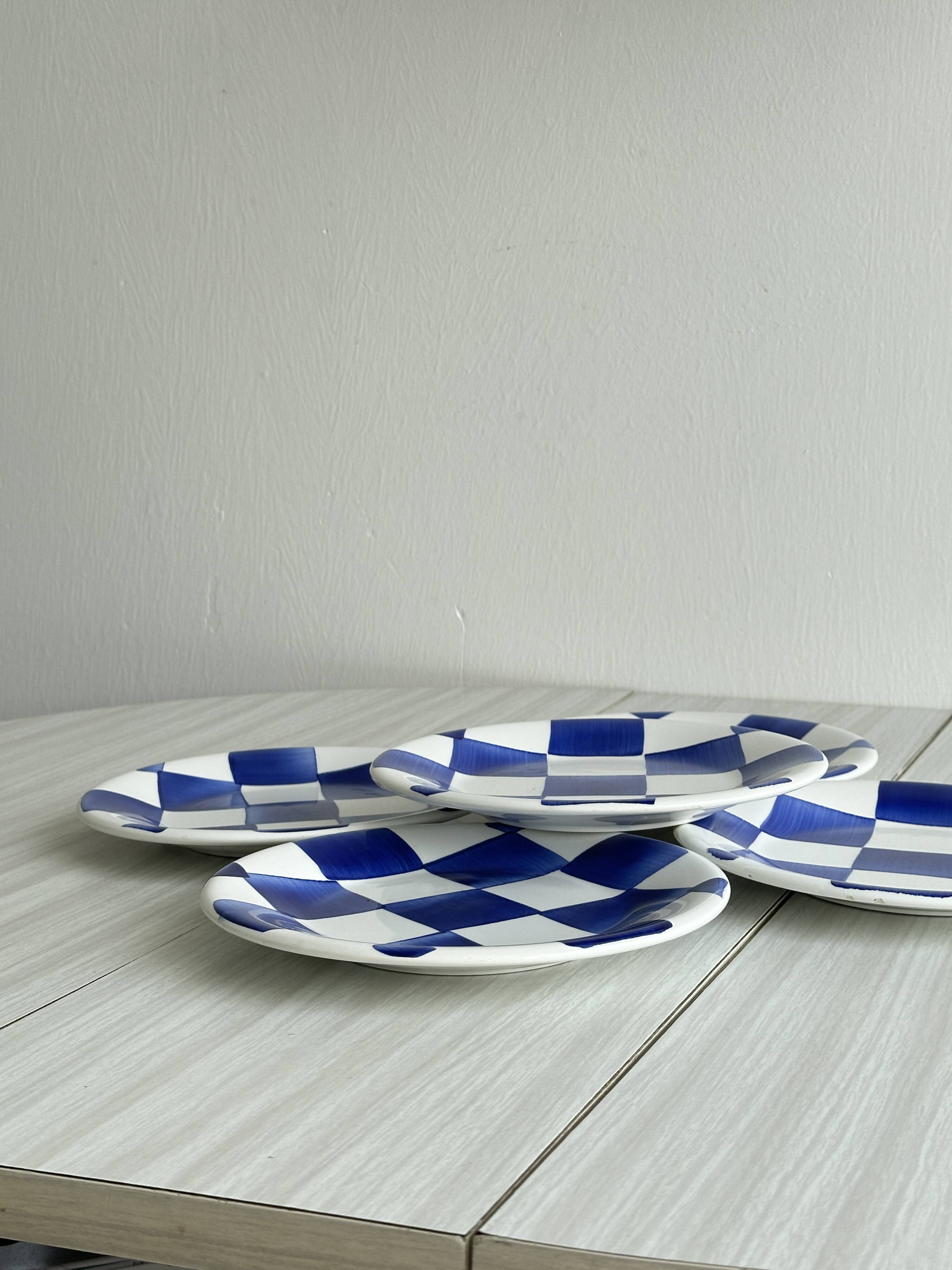 Set of 5 blue and white checkered porcelain dessert plates