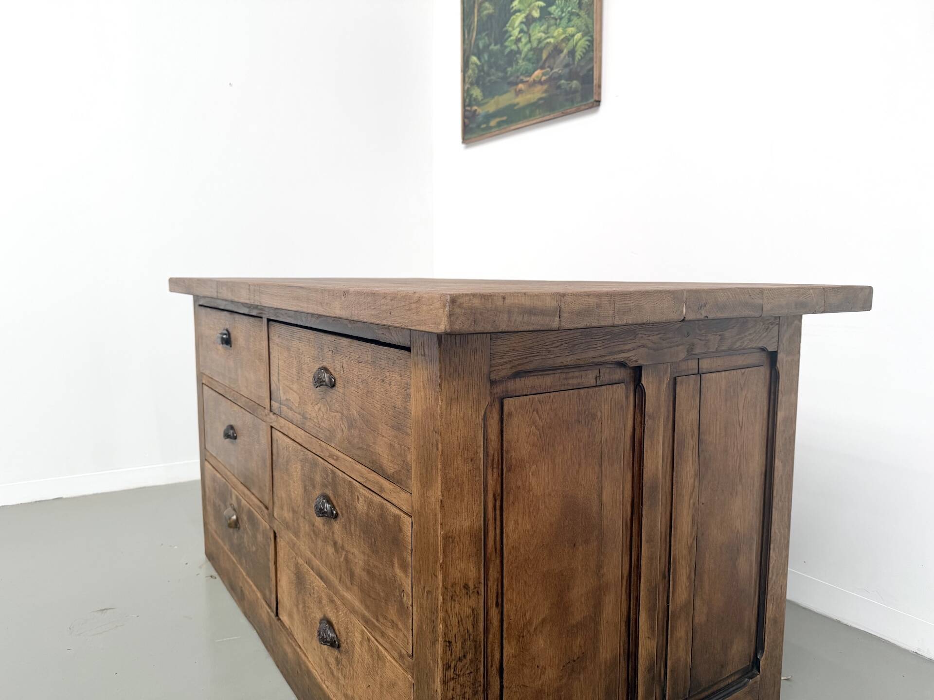 Solid oak trade counter, six drawers, France, circa 1920.