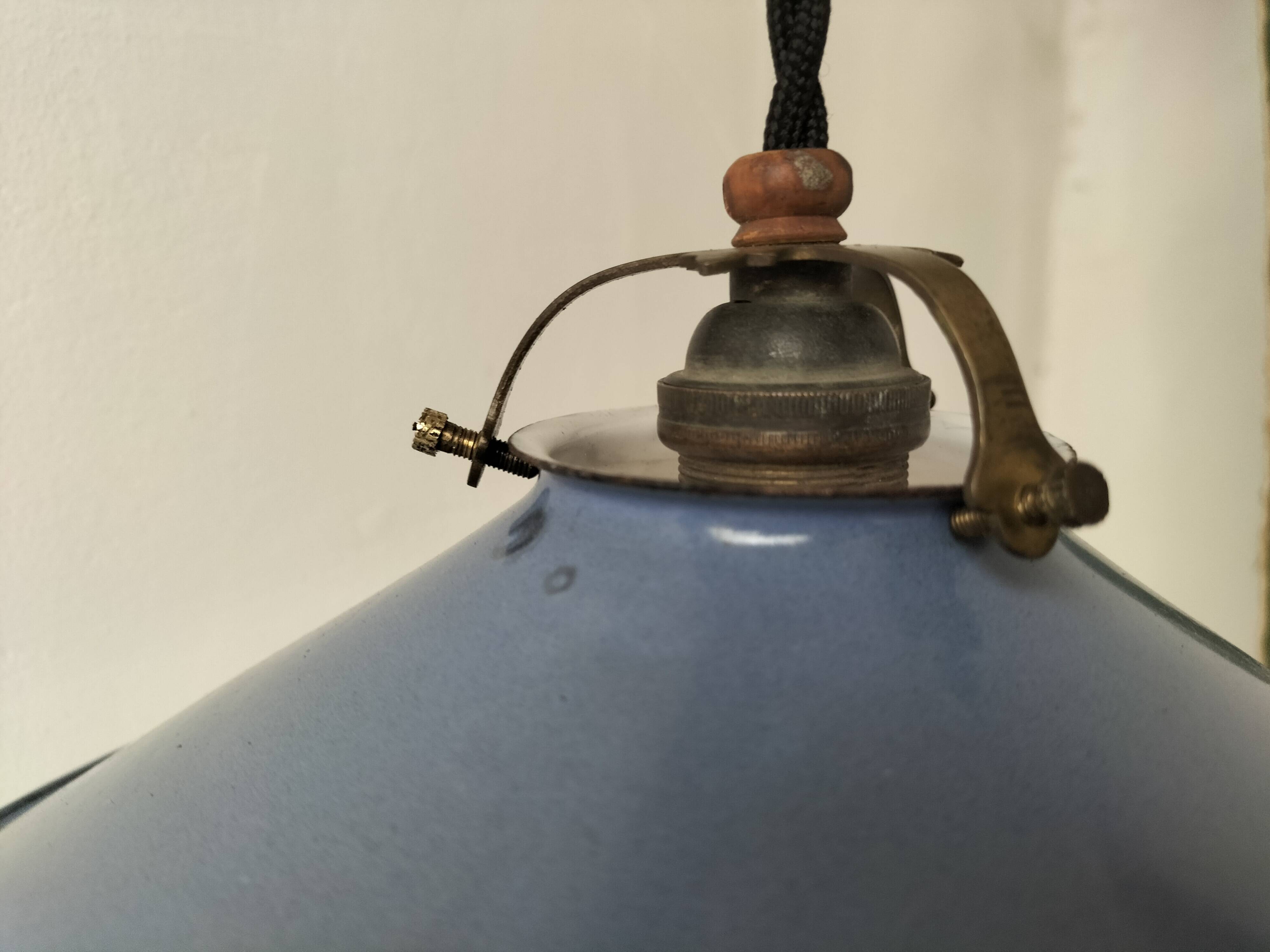 Pair of blue enameled sheet metal pendant lights