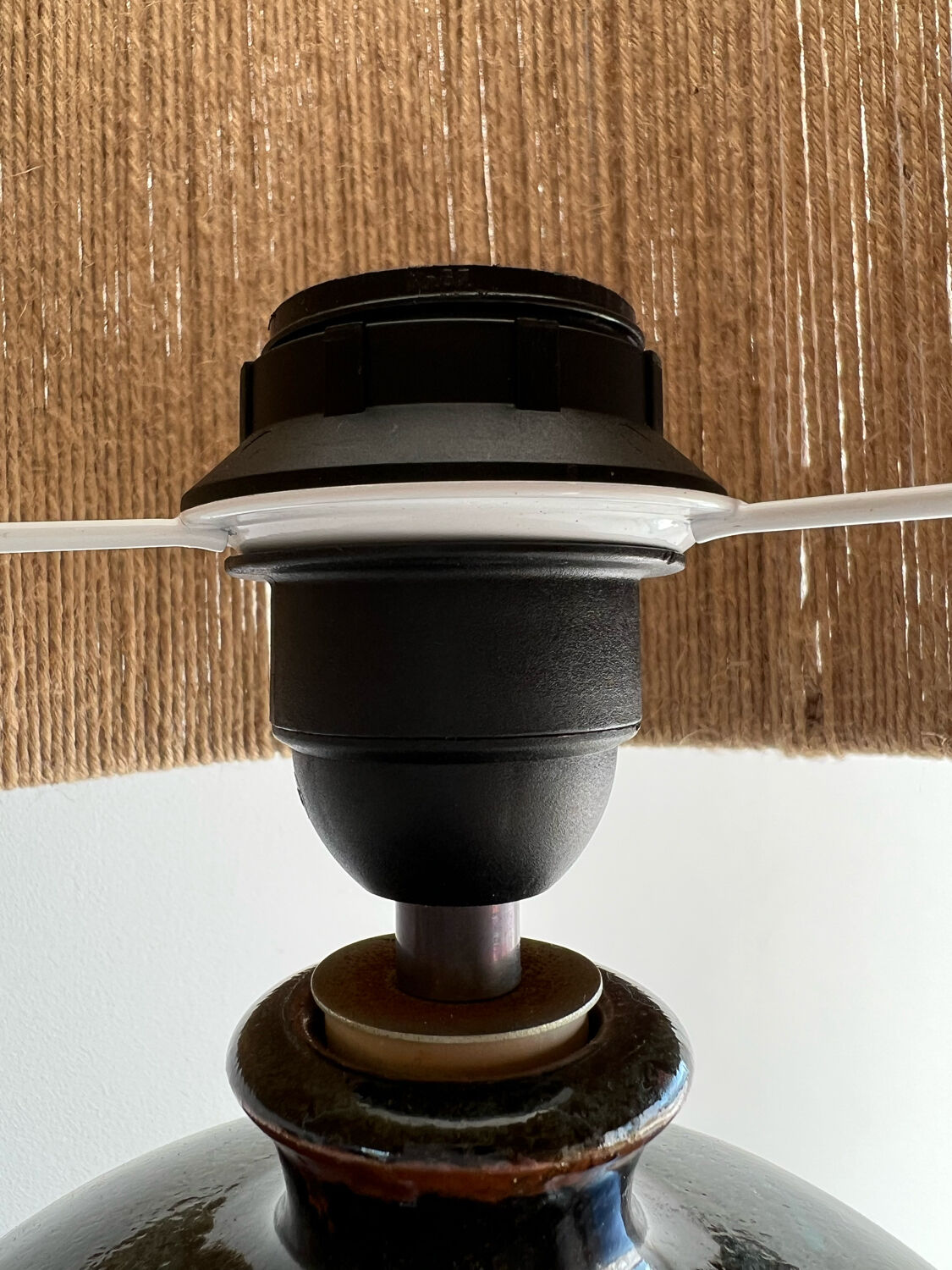 Flamed stoneware lamp and rope lampshade