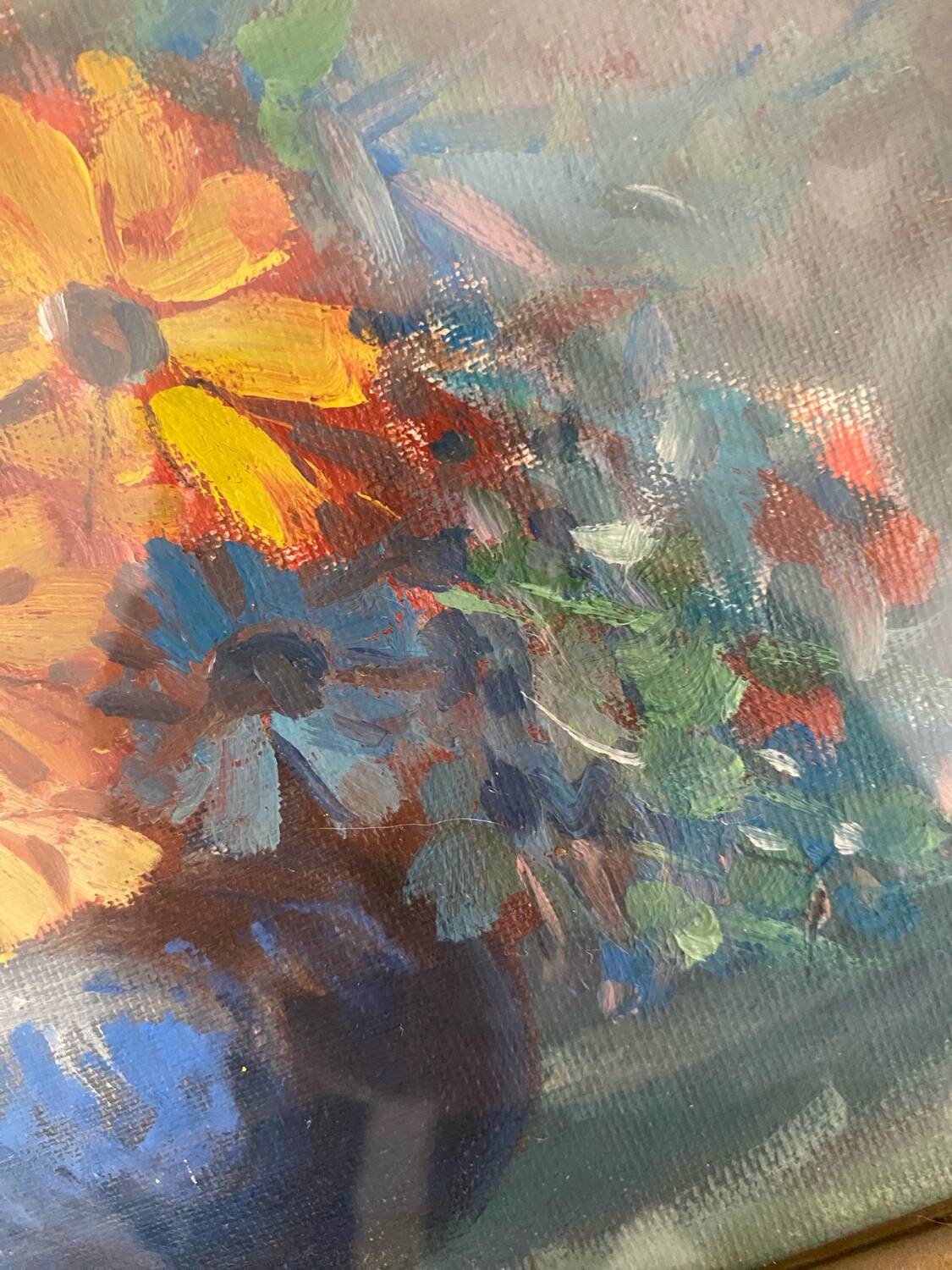 Painting on canvas, bouquet of flowers in a vase.