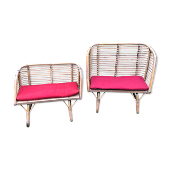 Bancs en rotin bambou pour enfants vintage années 60