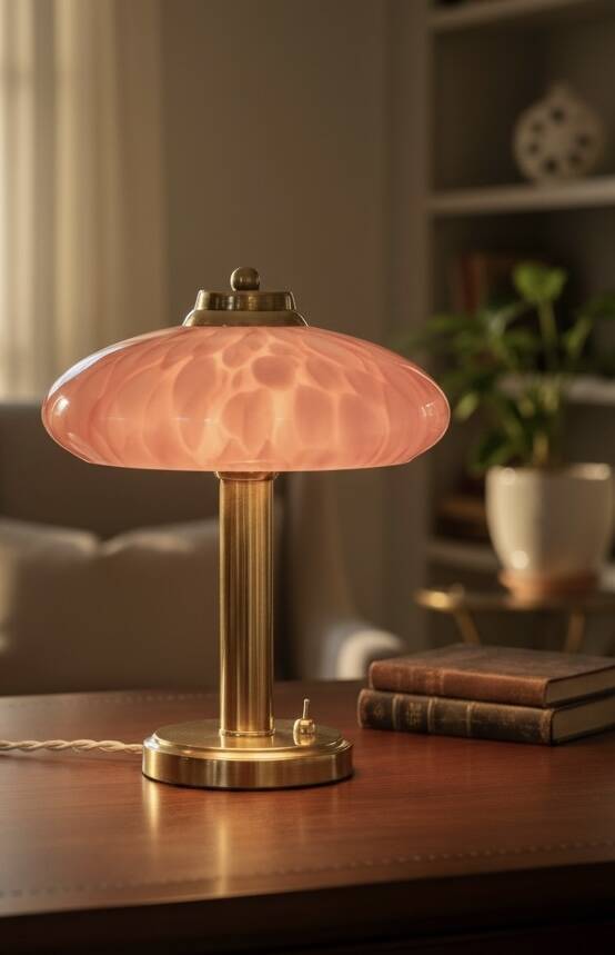 Art Deco mushroom table lamp, pink Clichy glass