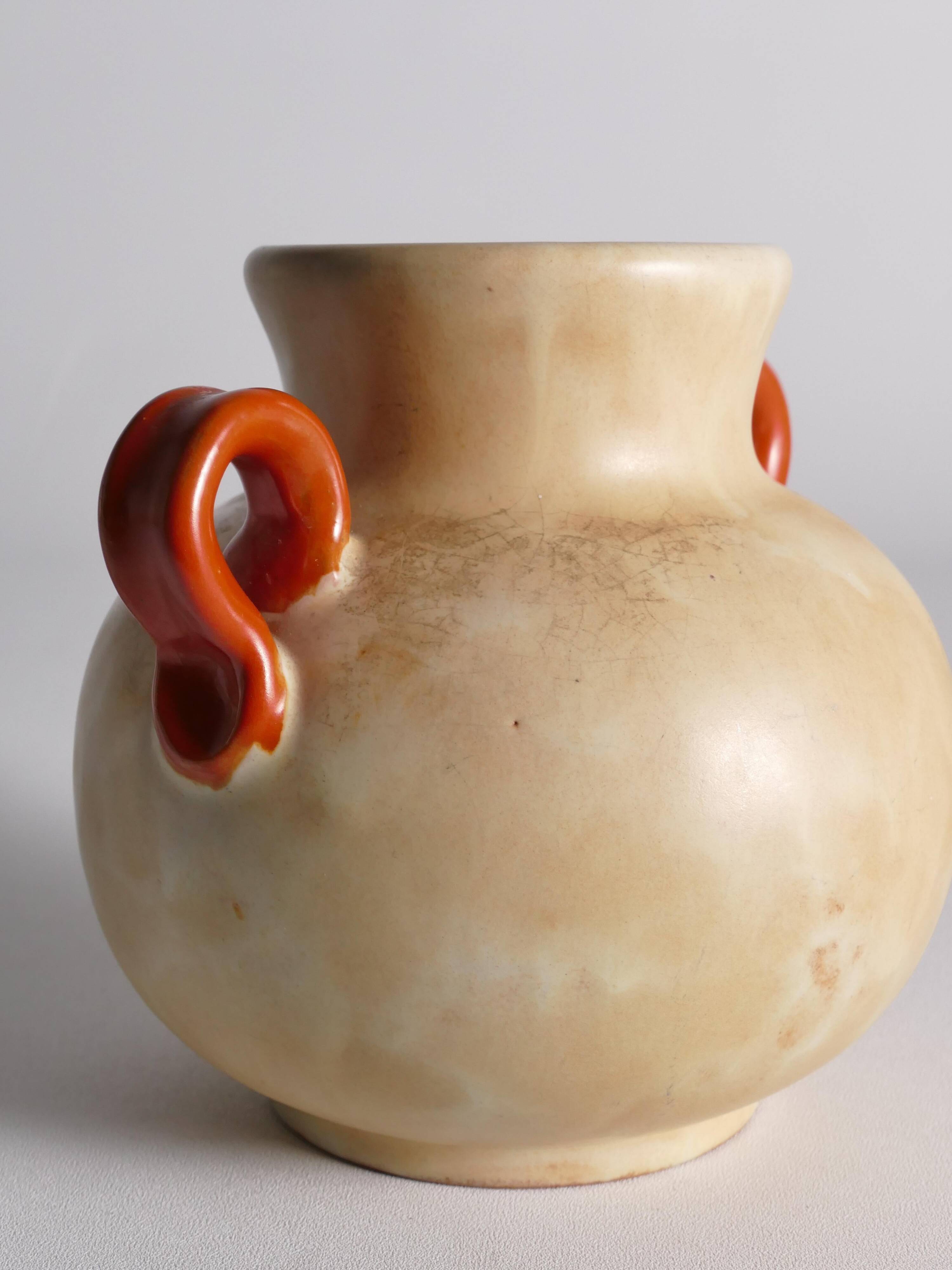 Art Deco Ceramic Beige Vase with Red Handles by Anna-Lisa Thomson, Upsala Ekeby