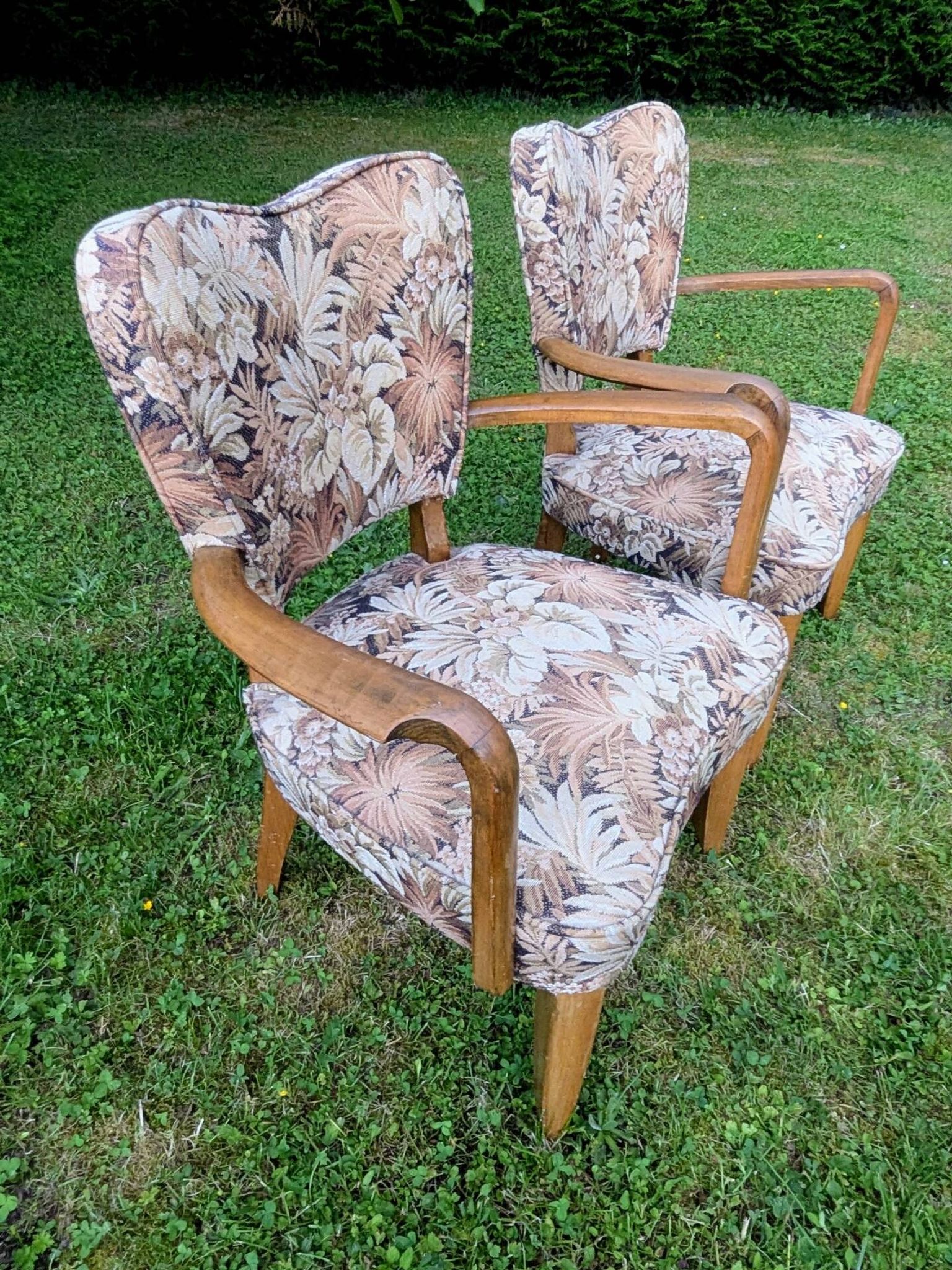 Paire de fauteuils bridge Art déco en bois massif, années 40-50
