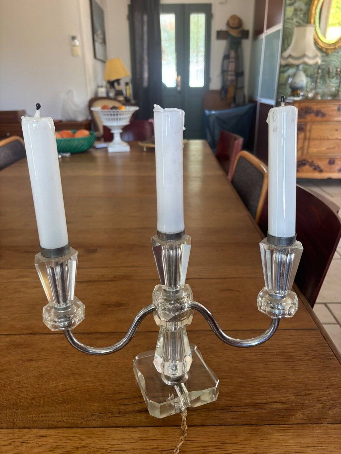 Pair of Electrified Art Deco Candle Holders – Cut Crystal & Chrome Metal 1
