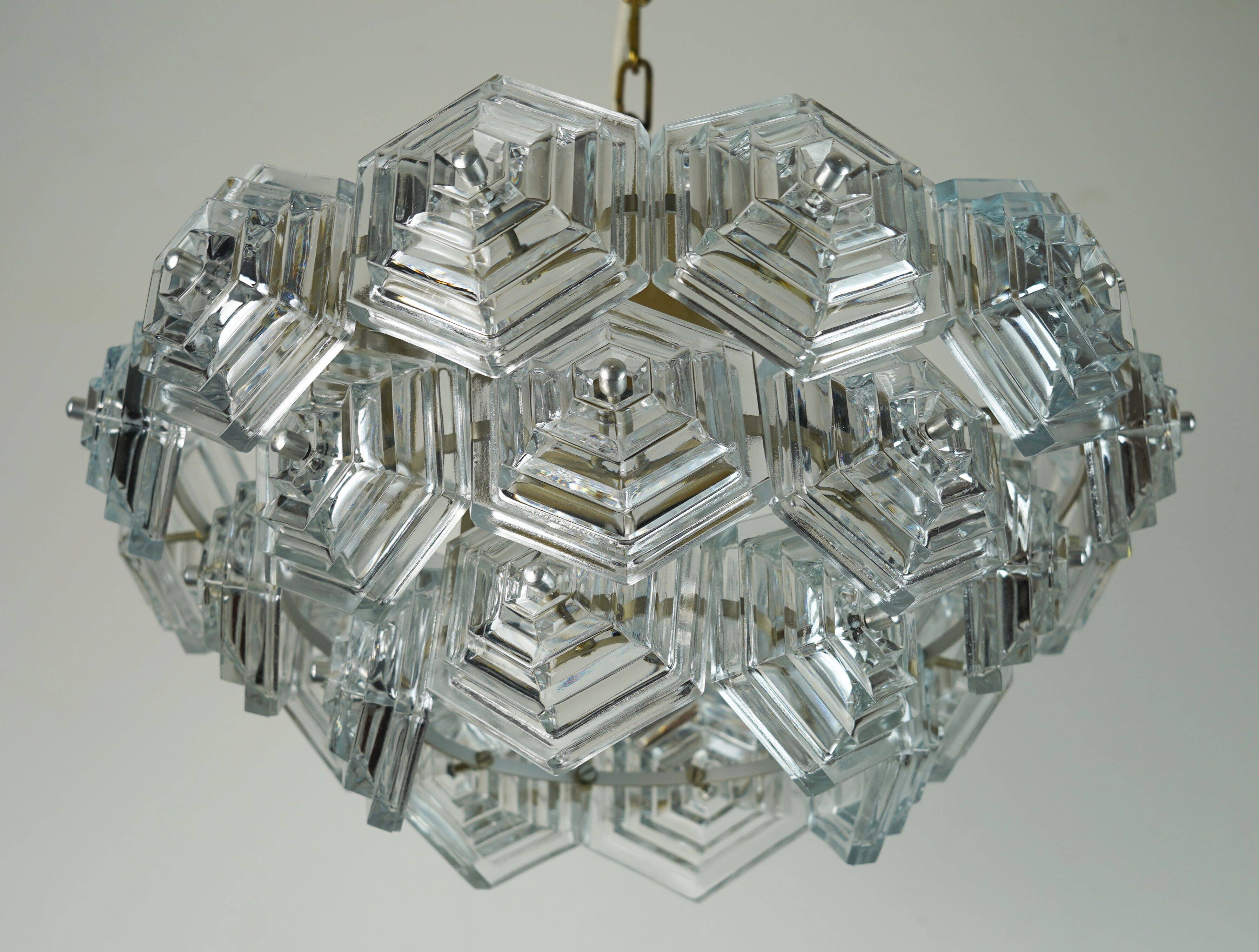 3-tier mid century pendant light with 27 hexagonal glass panels 1960s 70s