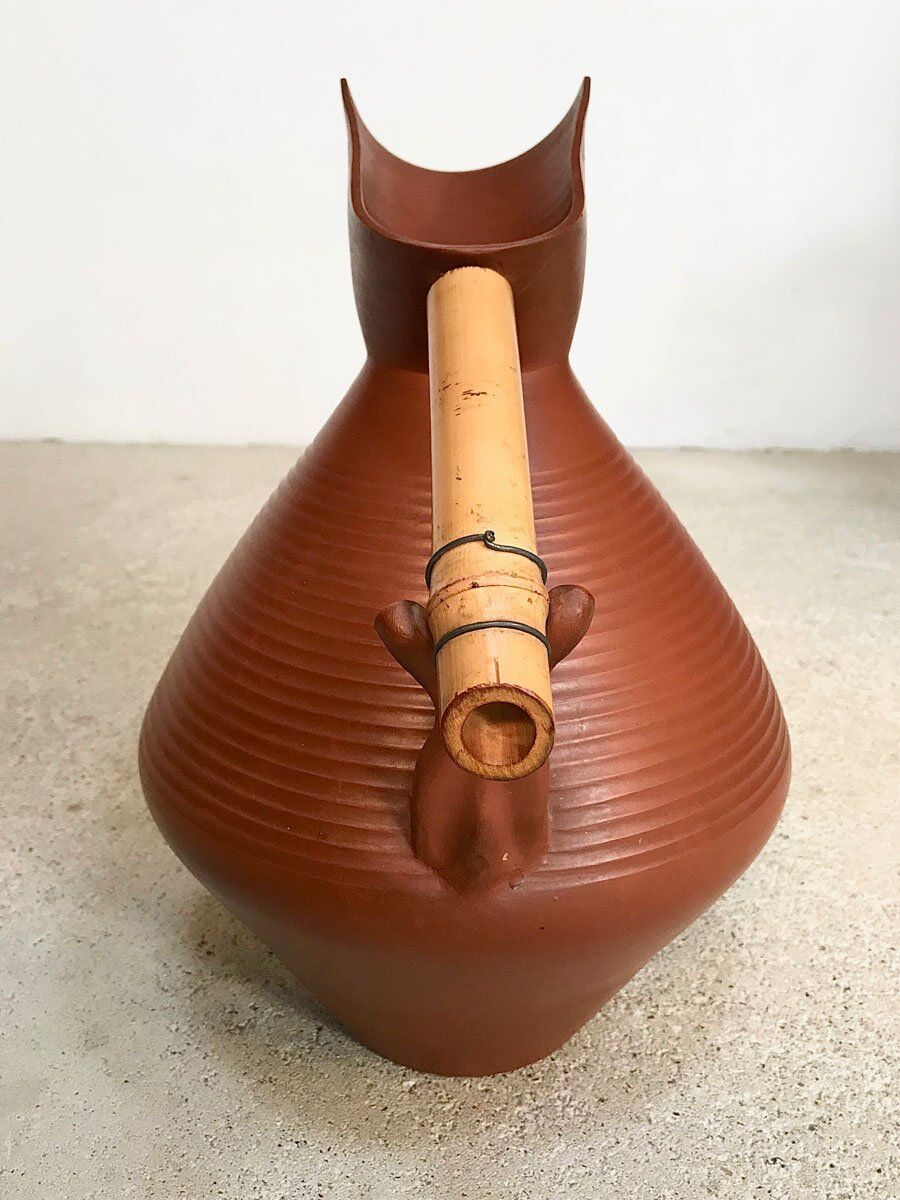 Studio pottery jug floor vase in terracotta and bamboo handle Germany 1950s